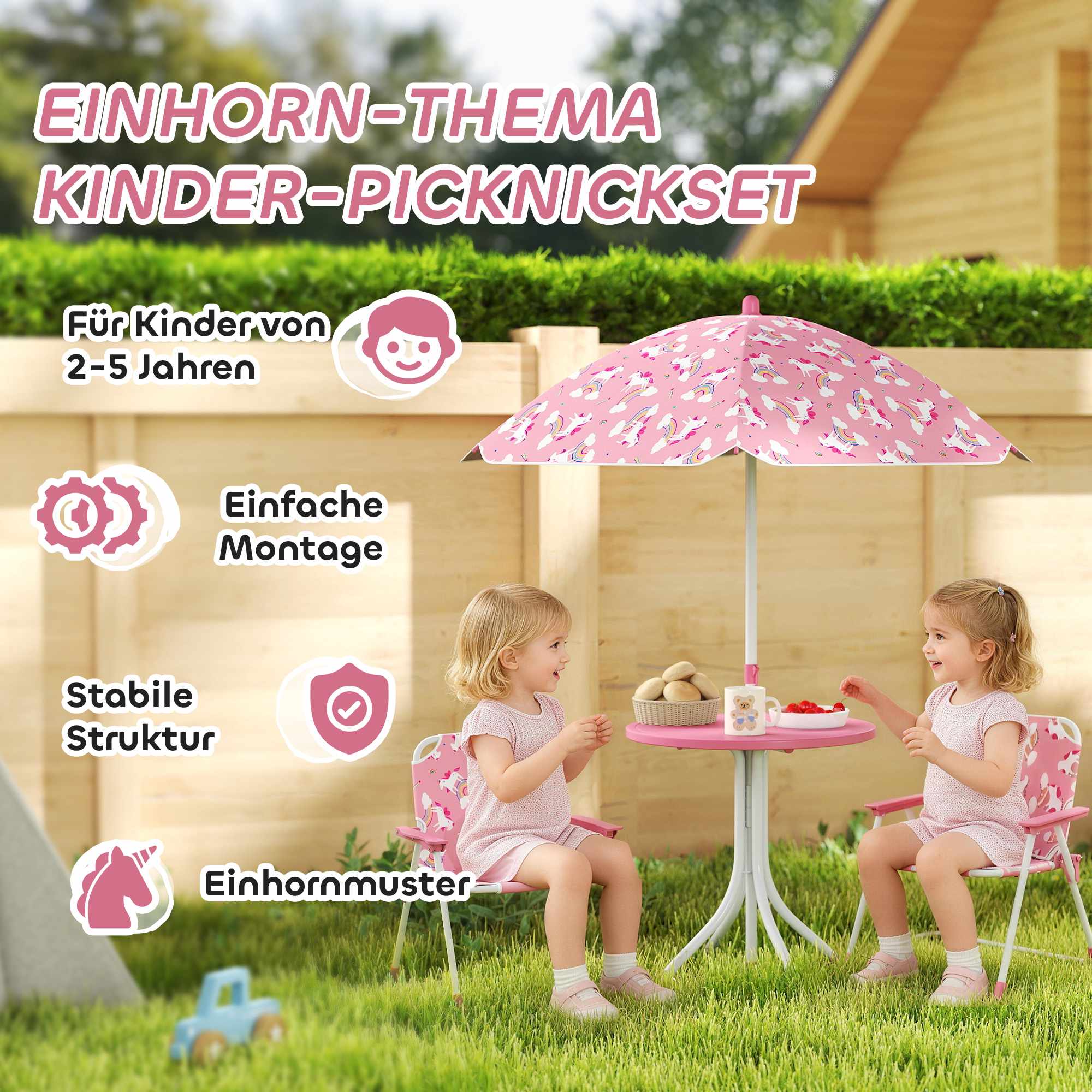 Barnbordsset med parasoll, rosa, 4 delar