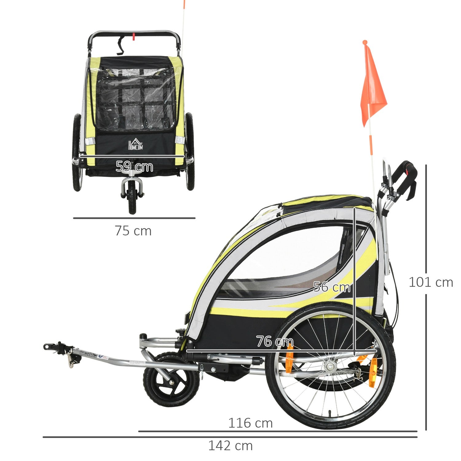 Barncykelvagn med fjädring & broms, gul/svart