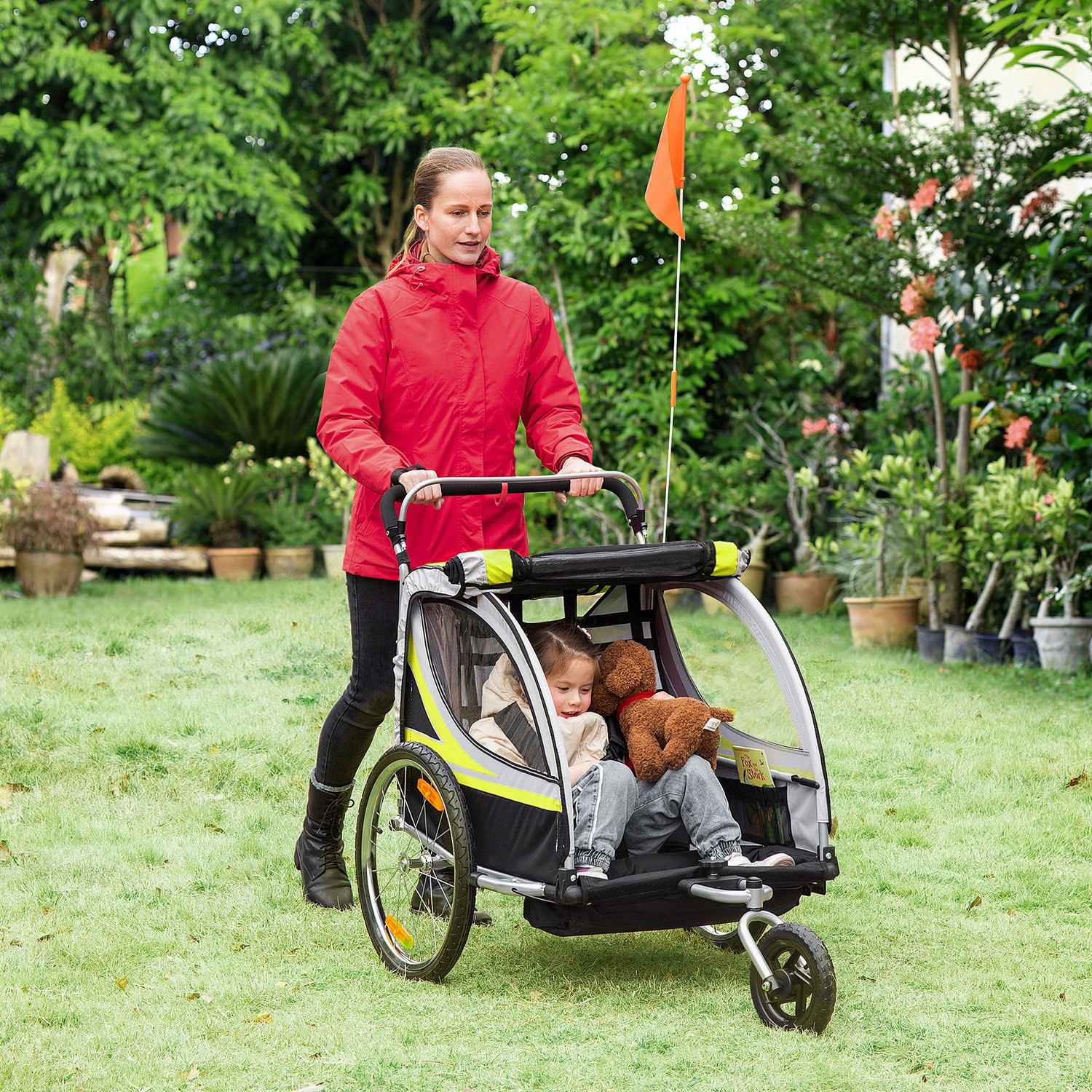 Barncykelvagn med fjädring & broms, gul/svart