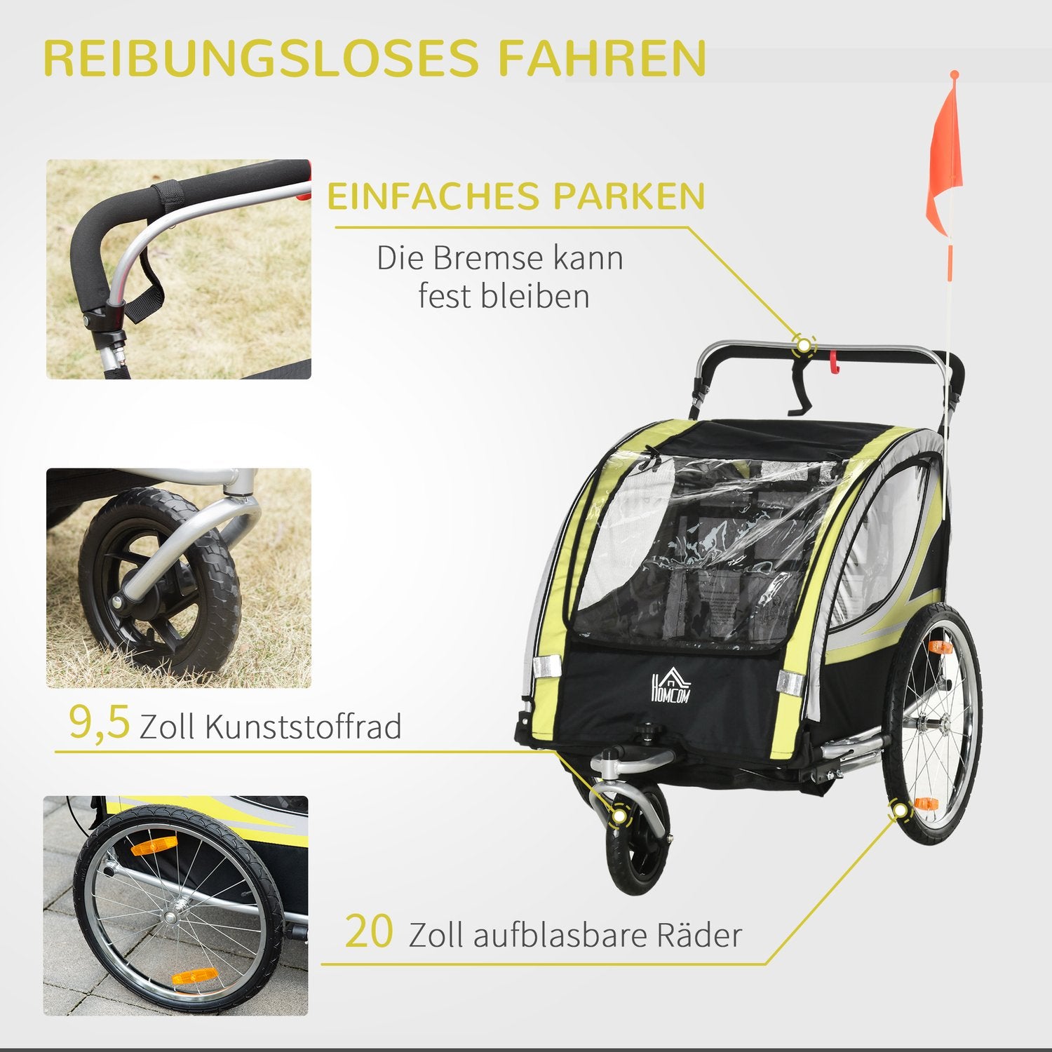 Barncykelvagn med fjädring & broms, gul/svart