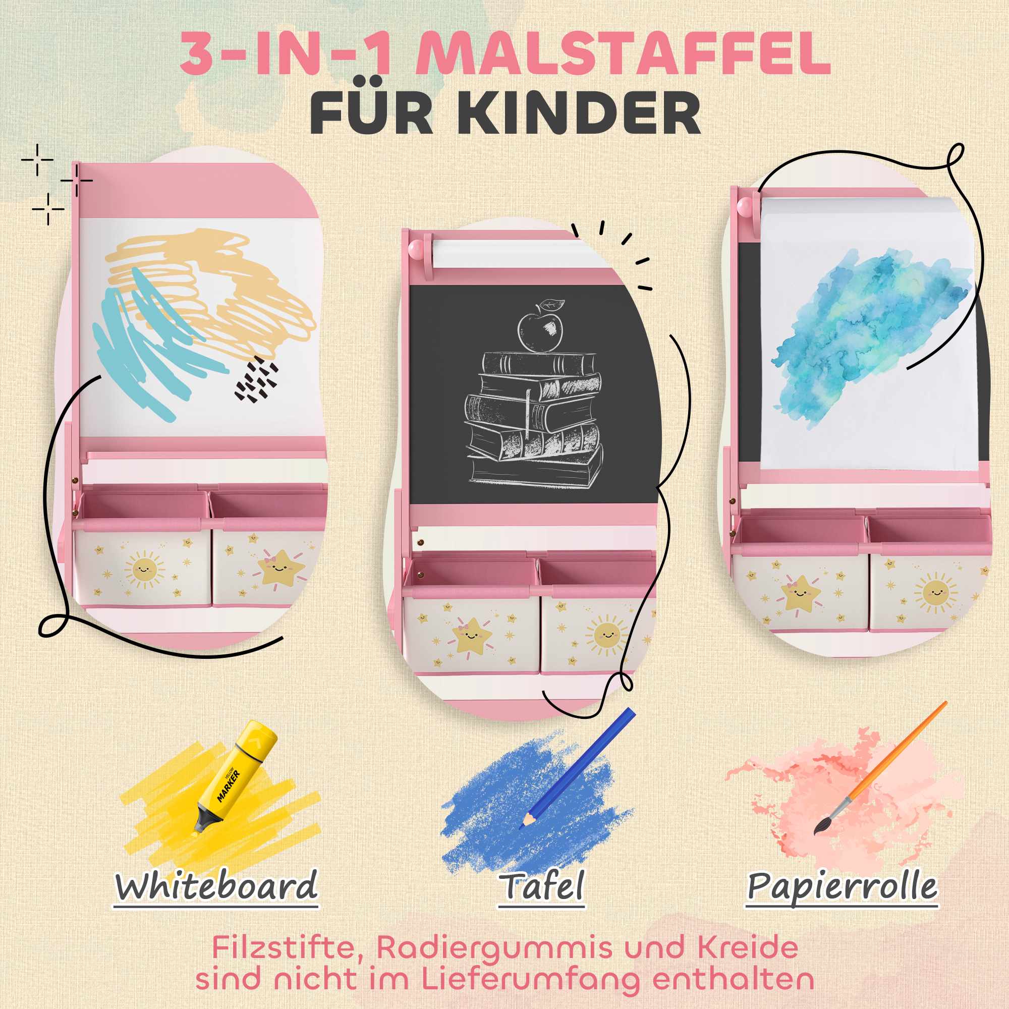 Barnens 3-i-1-staffli med griffeltavla, whiteboard, rosa