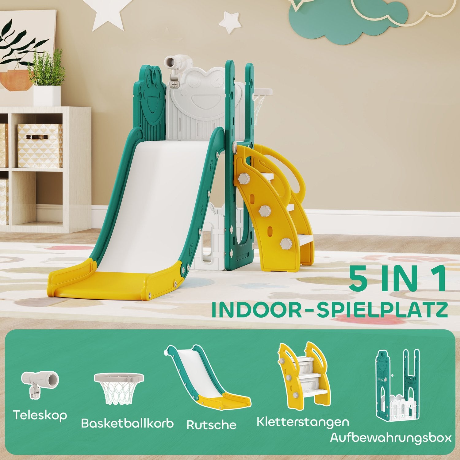 Barnens 5-i-1-rutschkana med teleskop och basketkorg