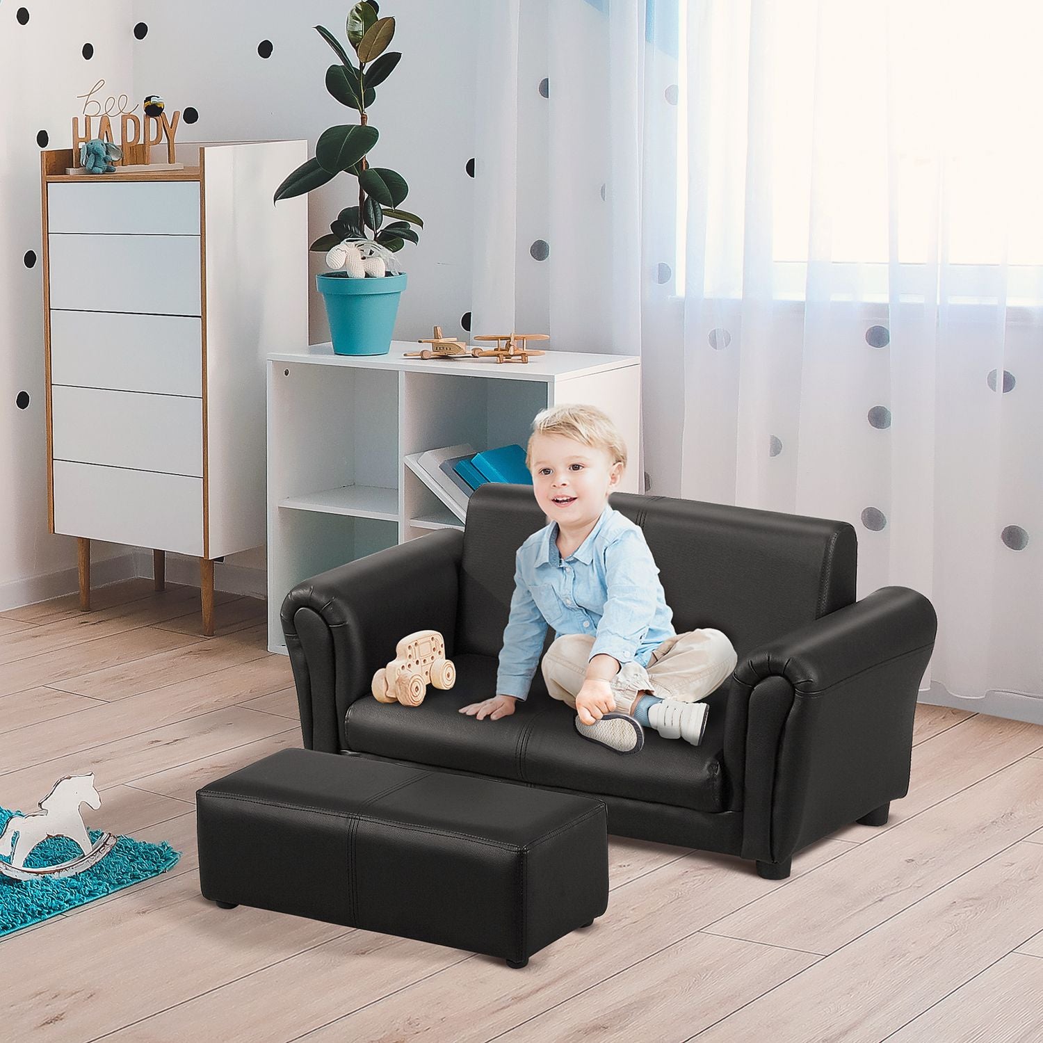 Barns svart fåtölj & fotpall Set – Bekväm 83cm