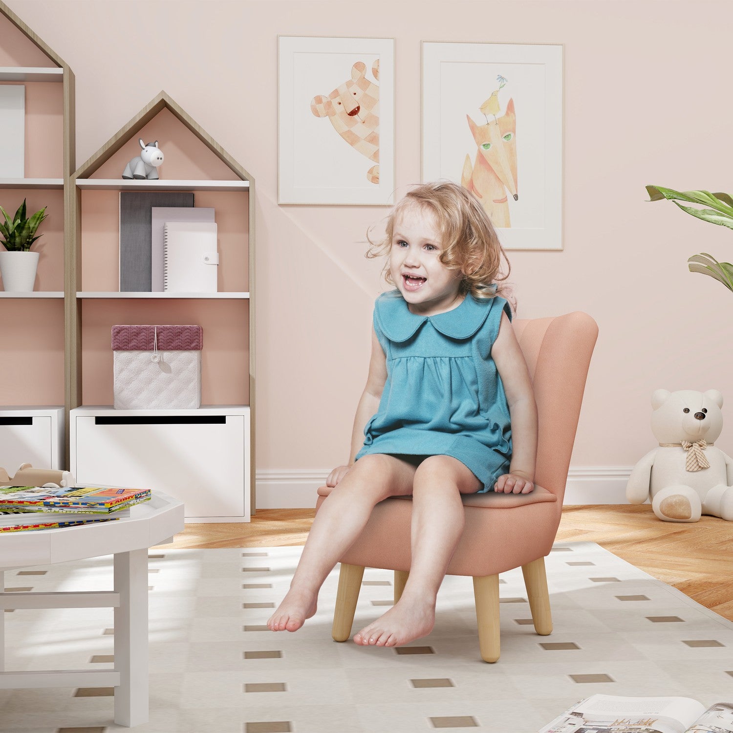 Pink Velvet Barnfåtölj, 3-7 år, träben