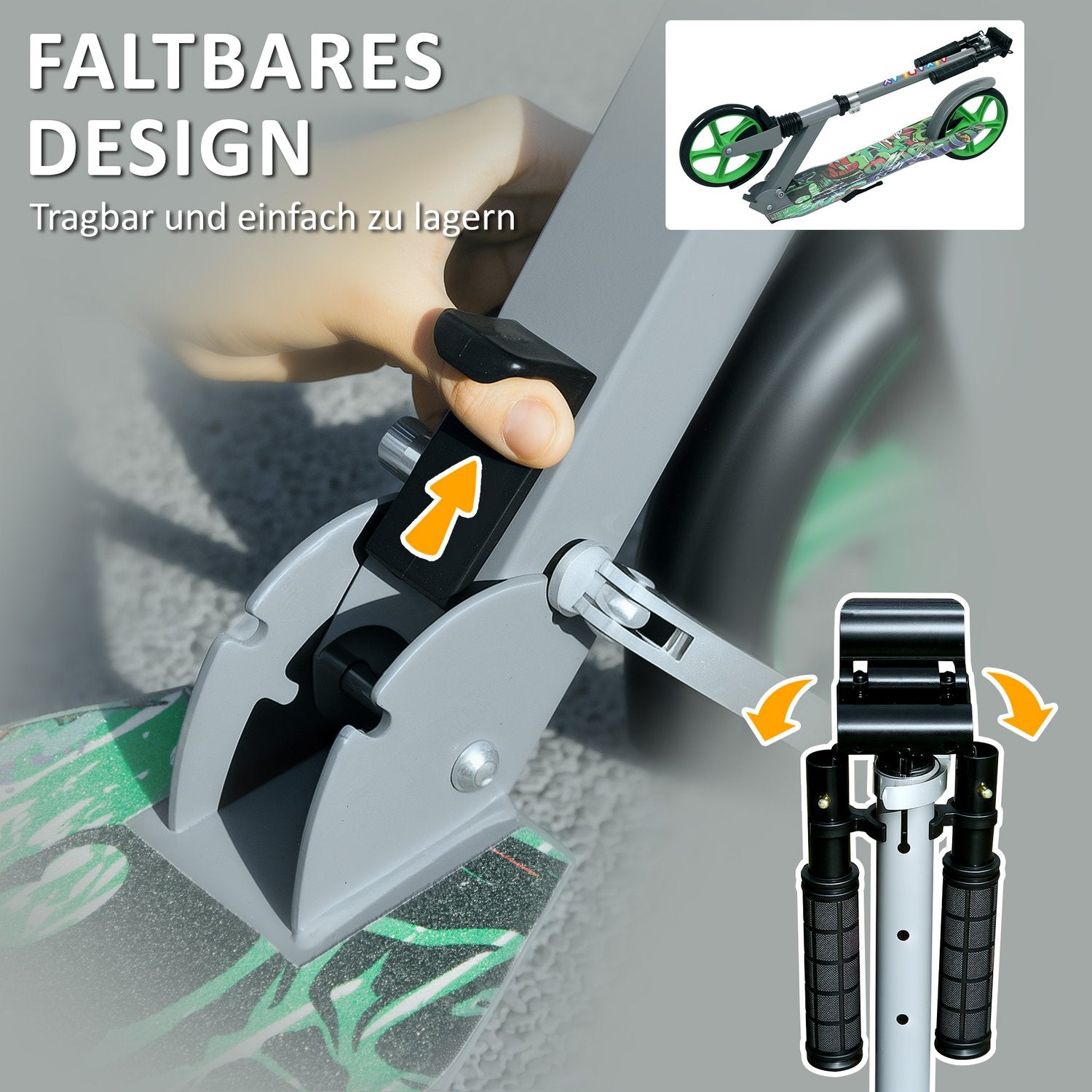 Barns hopfällbar sparkskoter, justerbar höjd, grön