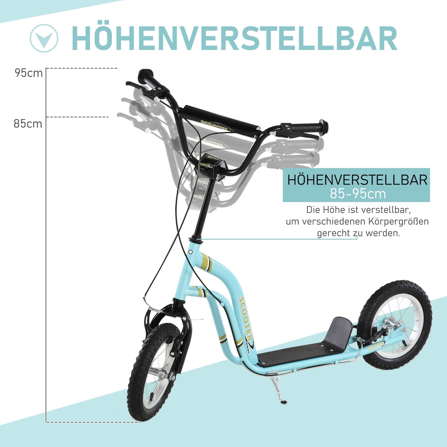 Barnskoter från 5 år, sparkscooter, stadsskoter för barn, aluminium, 120 x 58 x 85-95 cm, ljusblå
