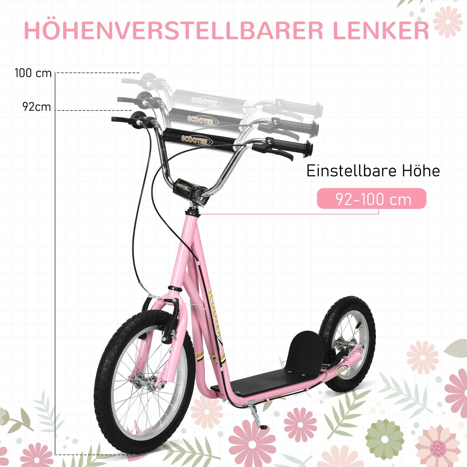 Rosa barnsparkcykel med bromsar, justerbar höjd