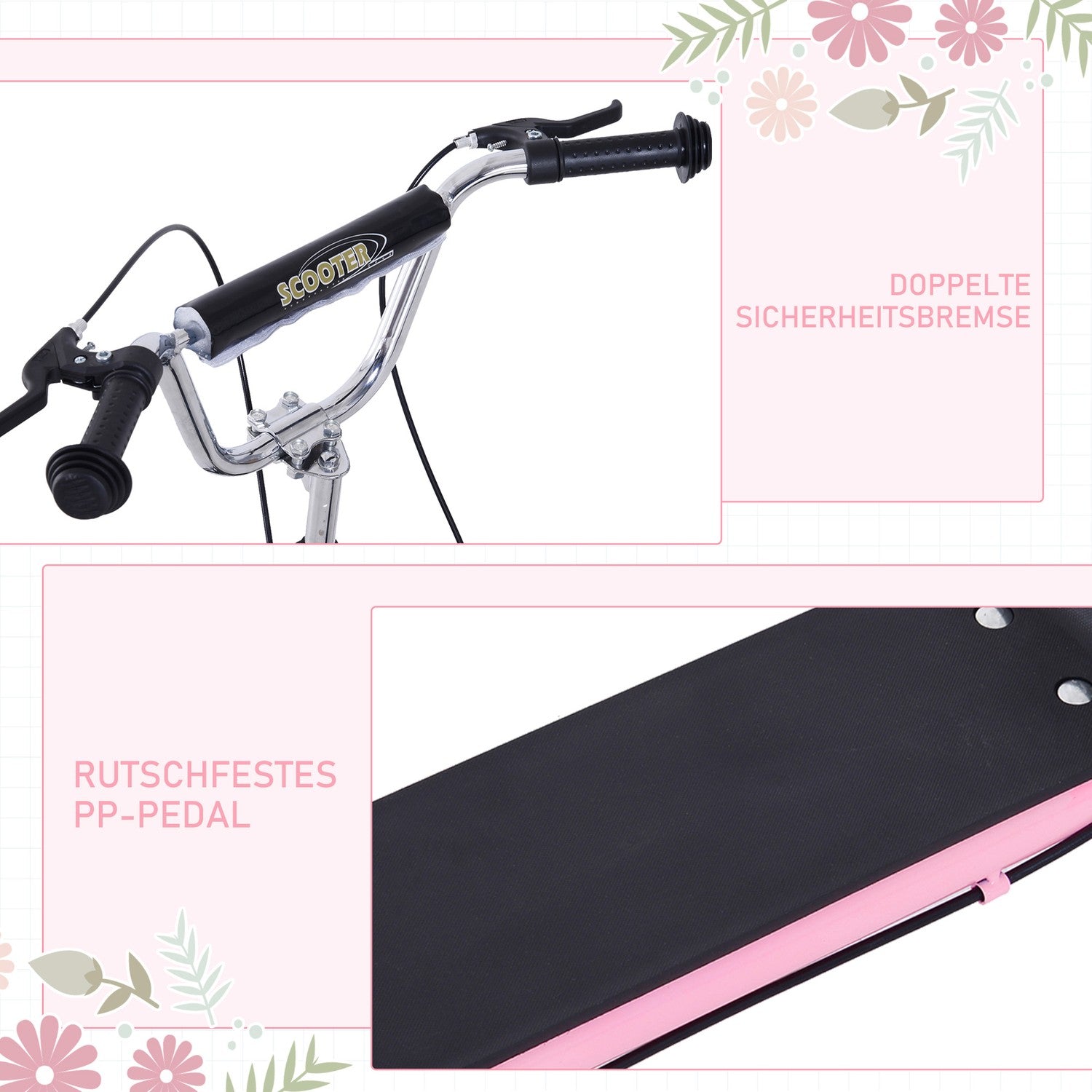 Rosa barnsparkcykel med bromsar, justerbar höjd