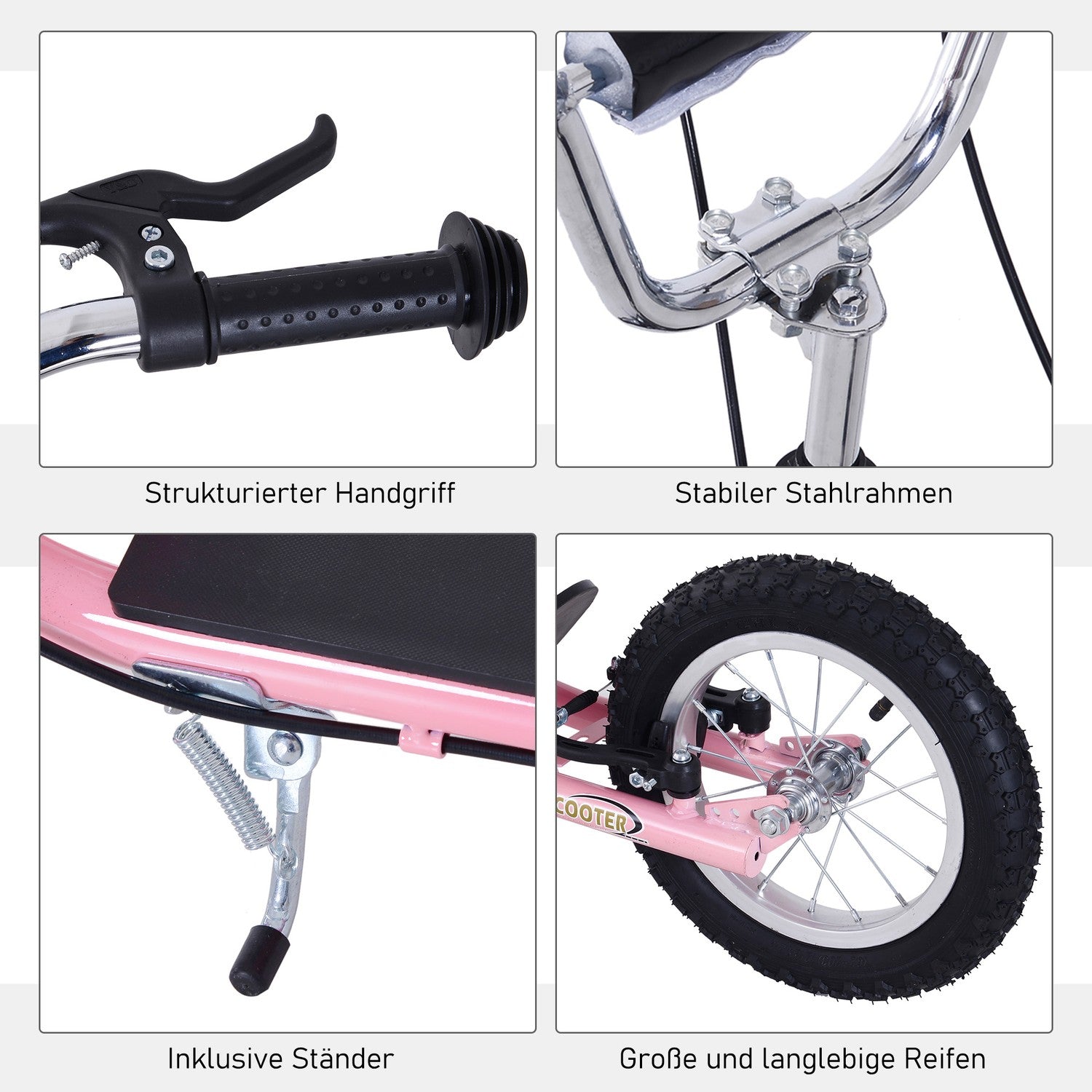 Rosa barnsparkcykel med bromsar, justerbar höjd