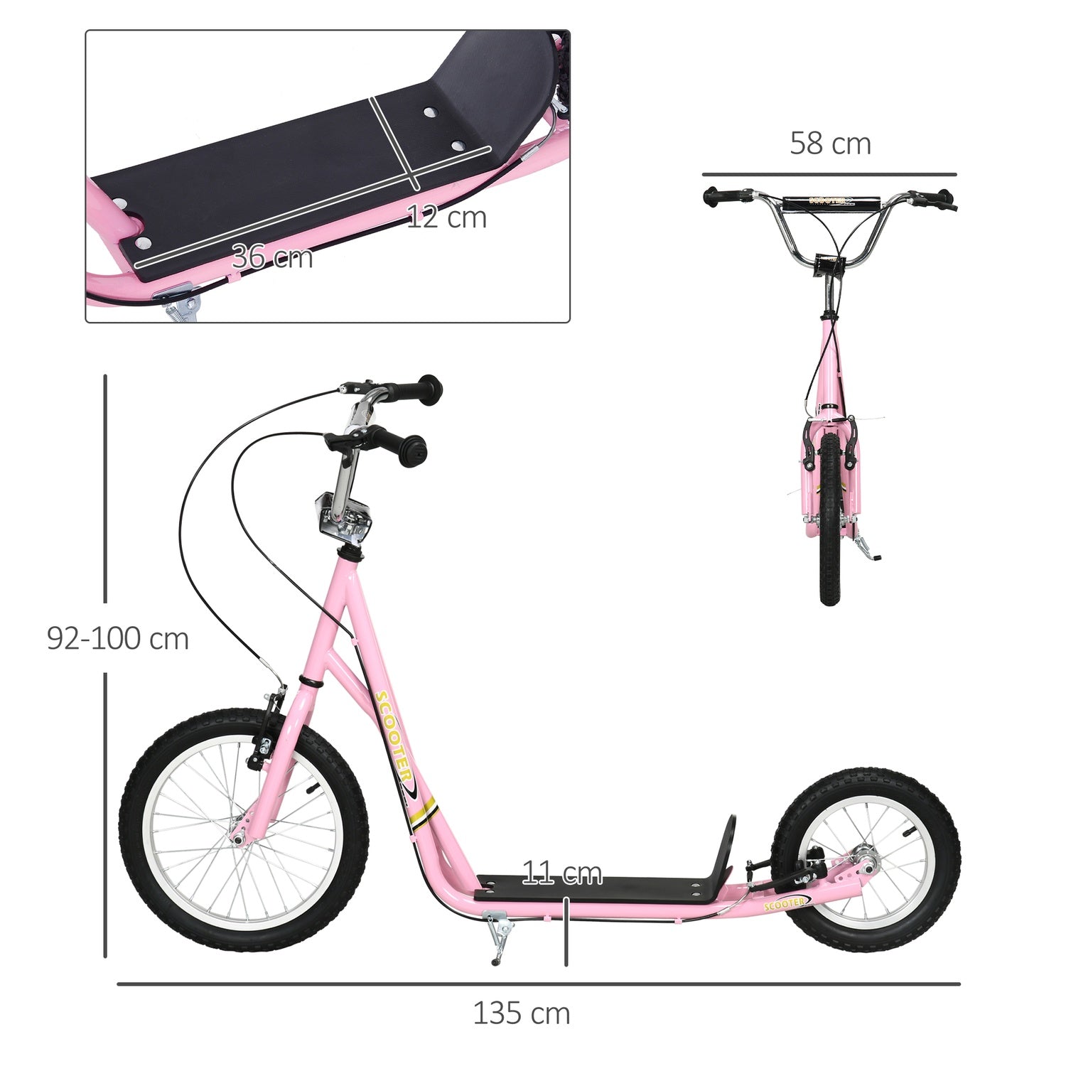 Rosa barnsparkcykel med bromsar, justerbar höjd