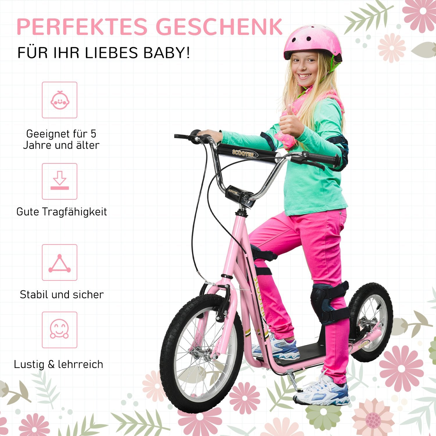 Rosa barnsparkcykel med bromsar, justerbar höjd
