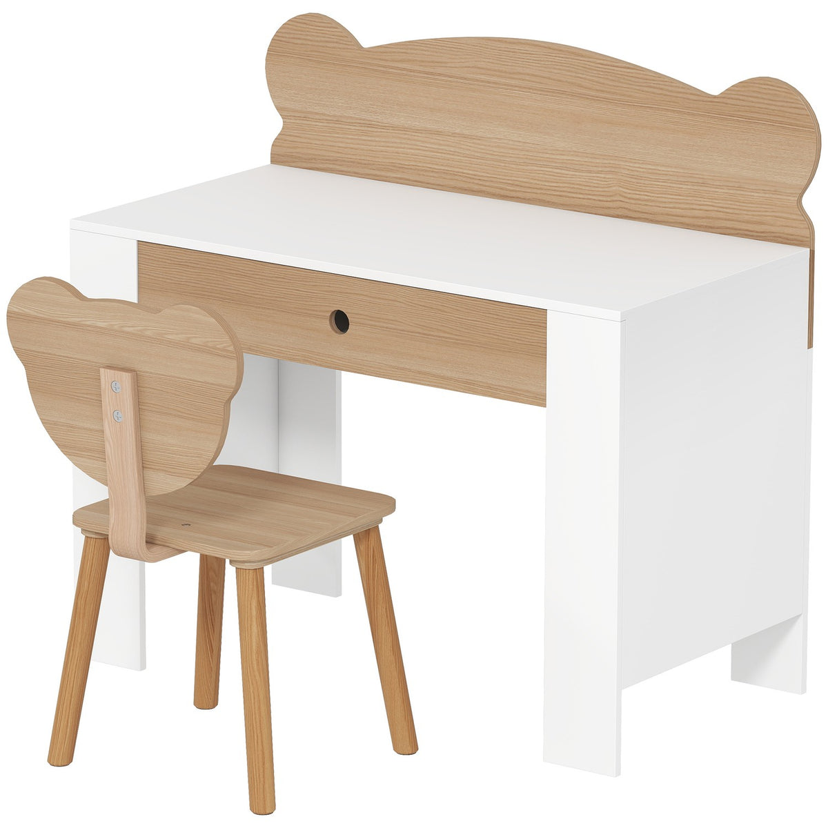 Barneskrivebordsett, bjørneformet skrivebord og stol med skuff, for skriving og hobbyarbeid, 3–8 år, naturlig tre