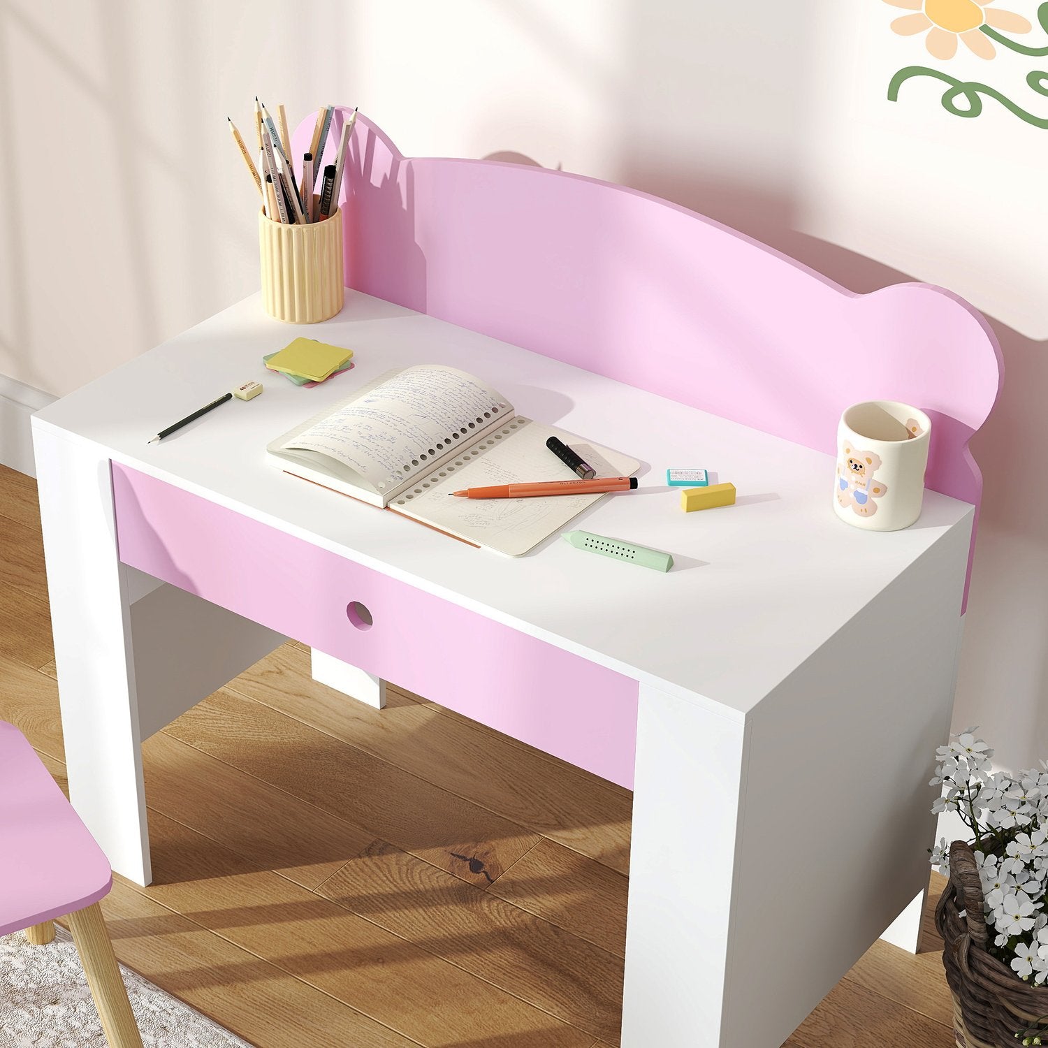 Barnskrivbordsset, björnformat skrivbord och stol med låda, för att skriva och pyssla, 3-8 år, rosa