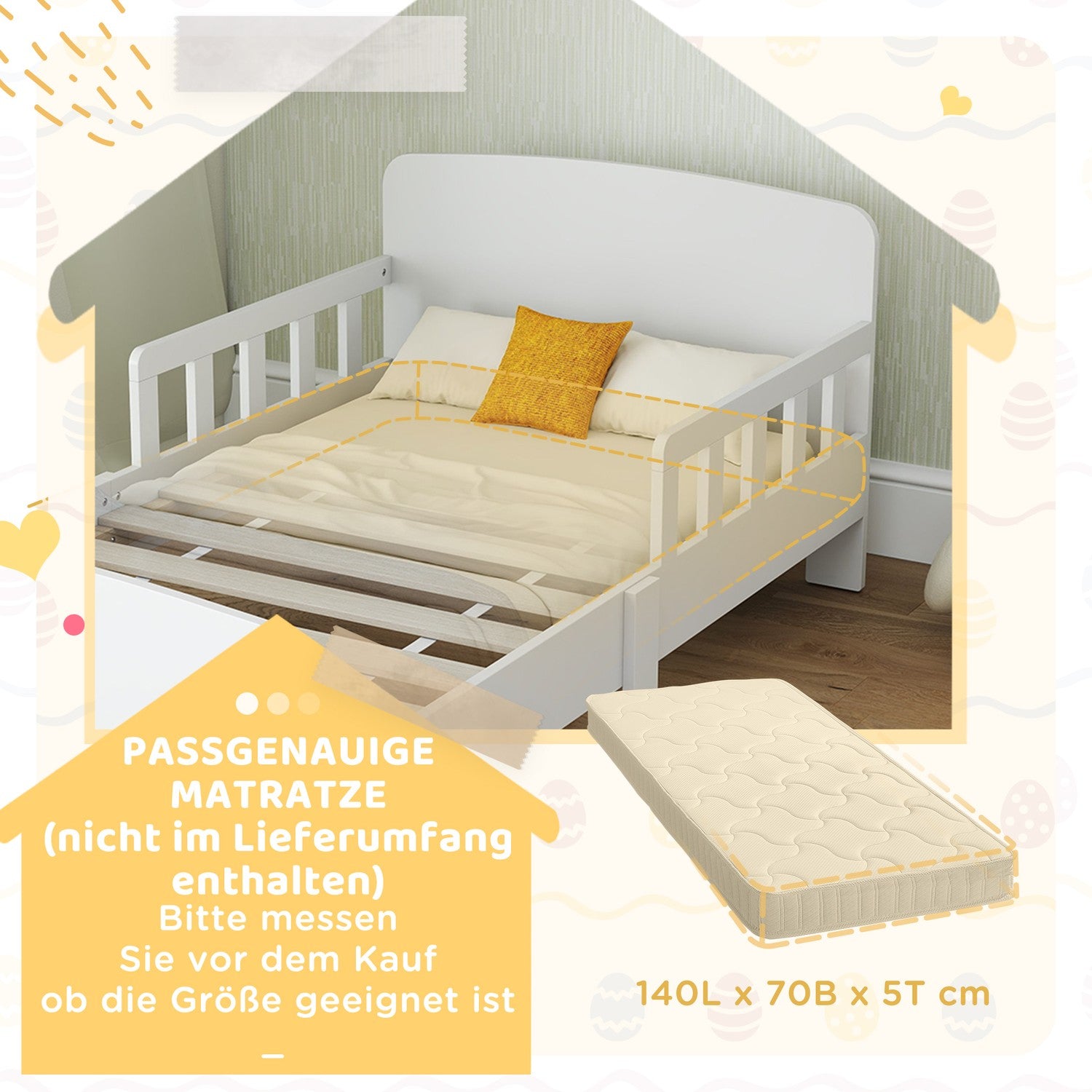 Barnsäng med säkerhetsräcken, MDF, åldrar 3-8, vit