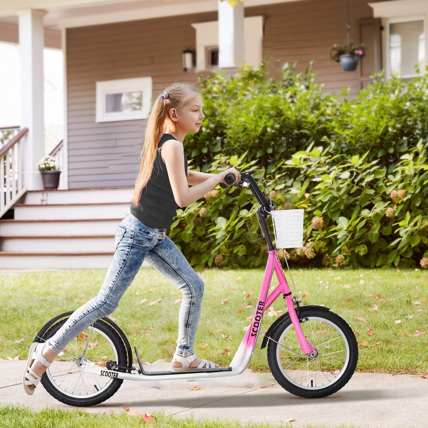 Barnsparkcykel i rosa och vit, justerbar höjd, med korg