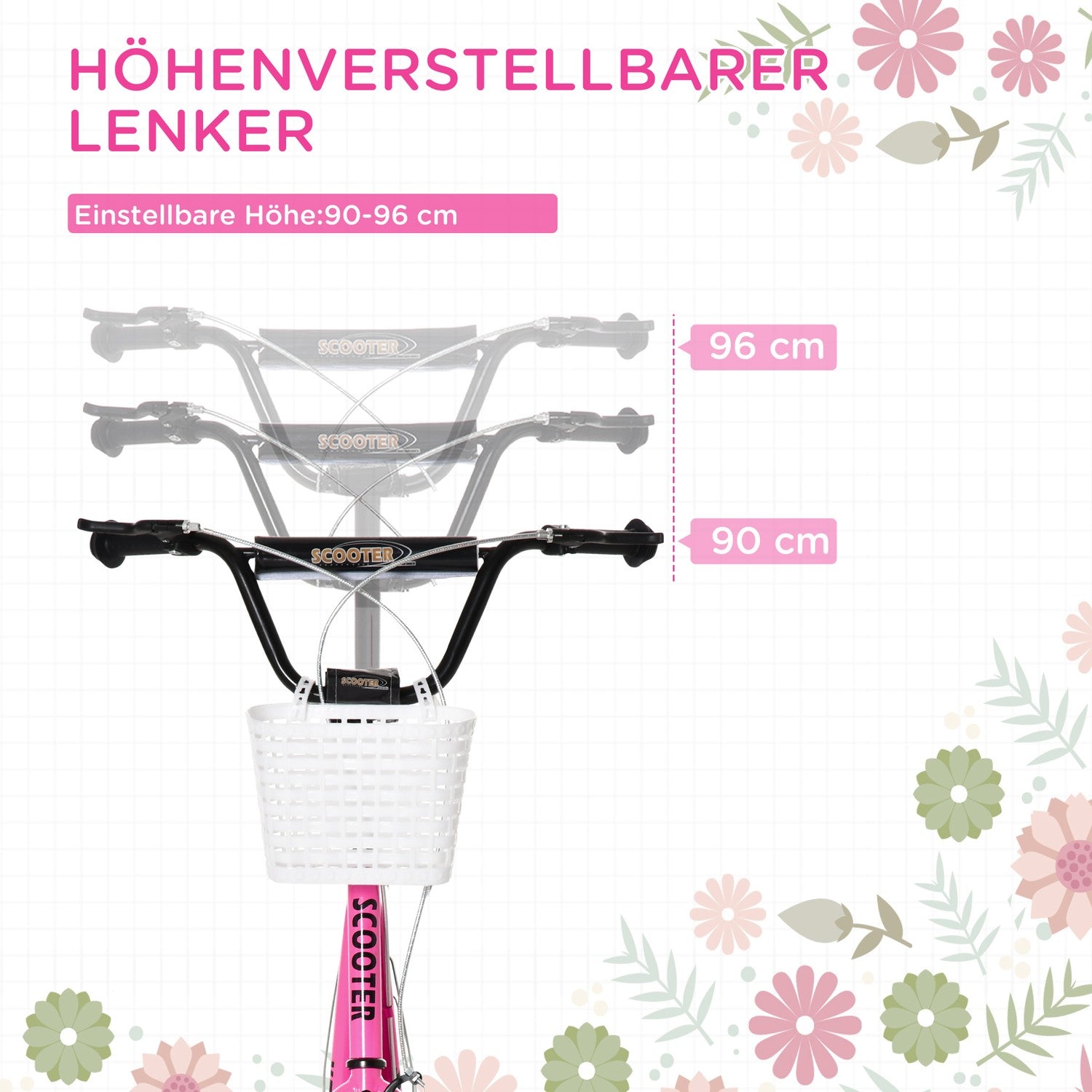Barnsparkcykel i rosa och vit, justerbar höjd, med korg