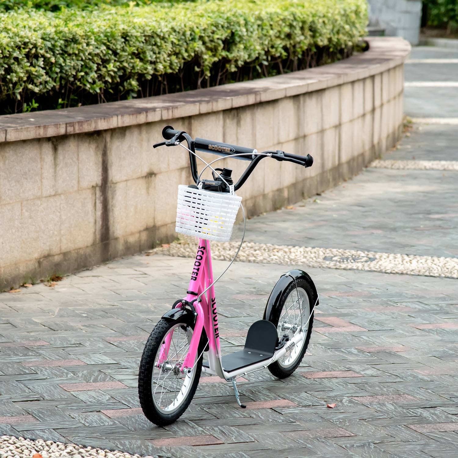 Barnsparkcykel i rosa och vit, justerbar höjd, med korg