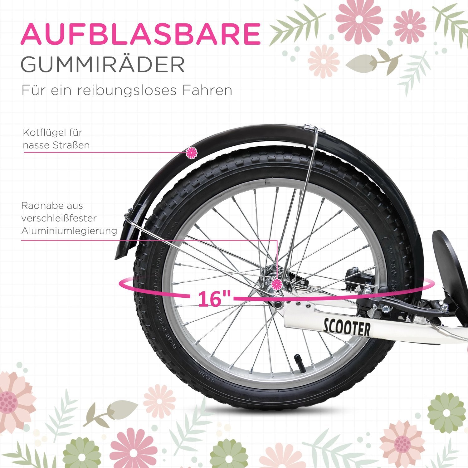 Barnsparkcykel i rosa och vit, justerbar höjd, med korg