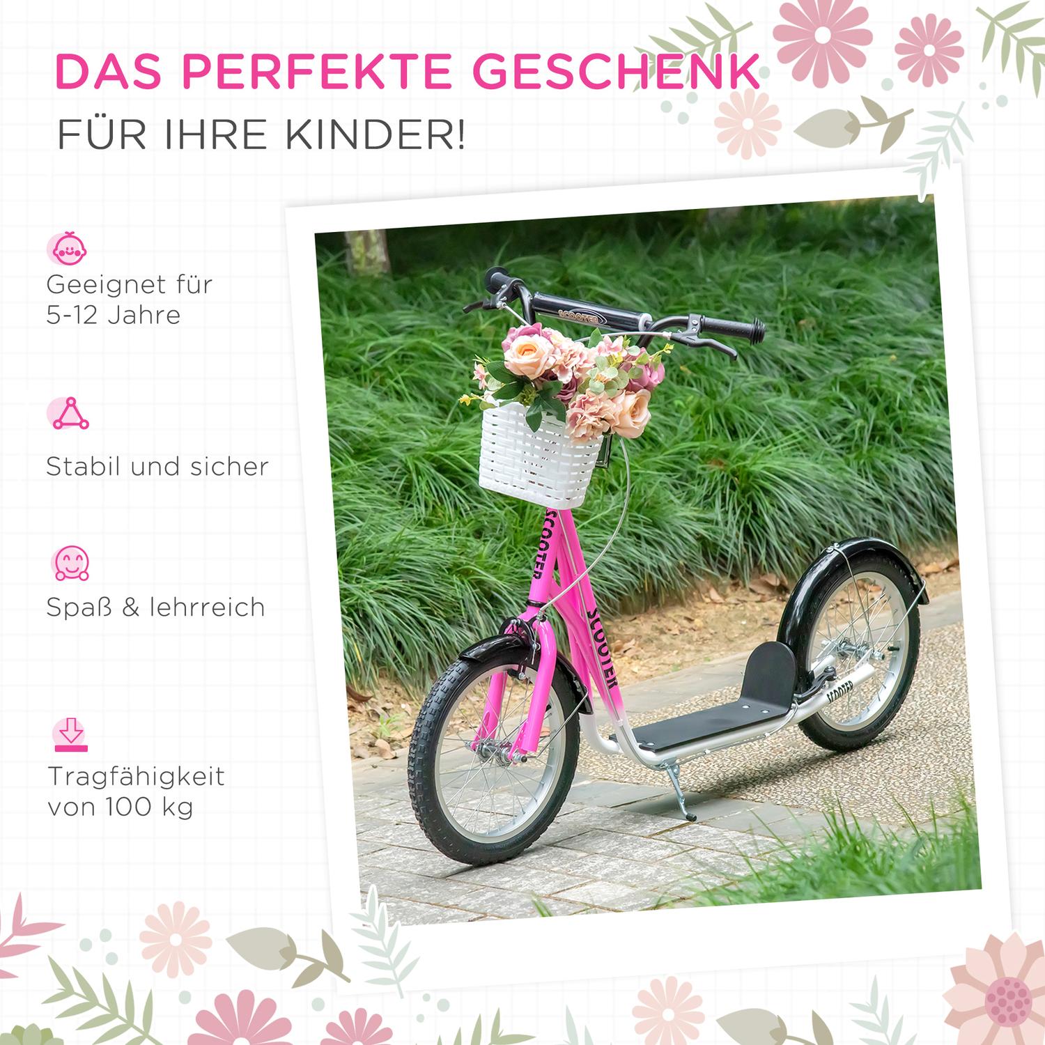 Barnsparkcykel i rosa och vit, justerbar höjd, med korg
