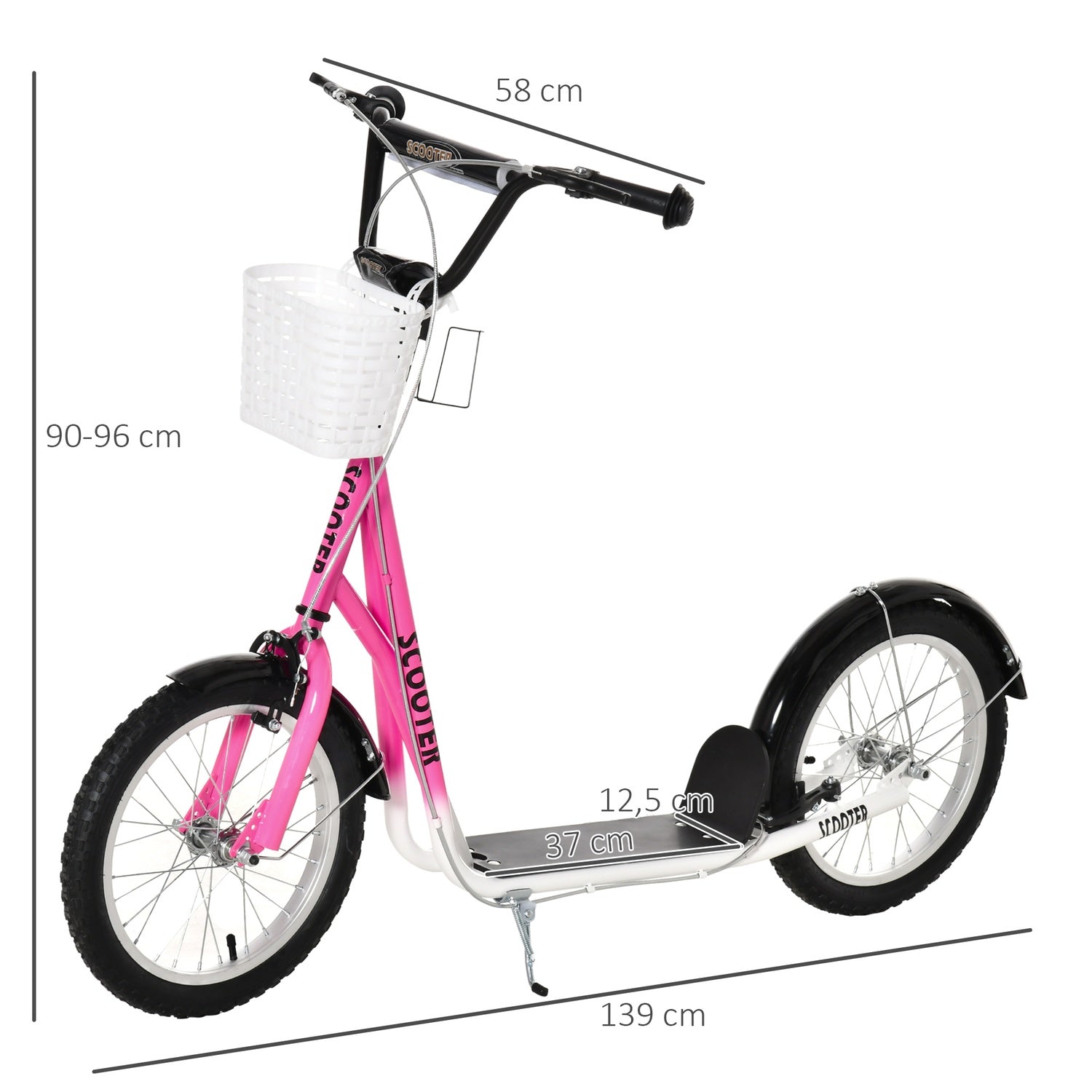 Barnsparkcykel i rosa och vit, justerbar höjd, med korg