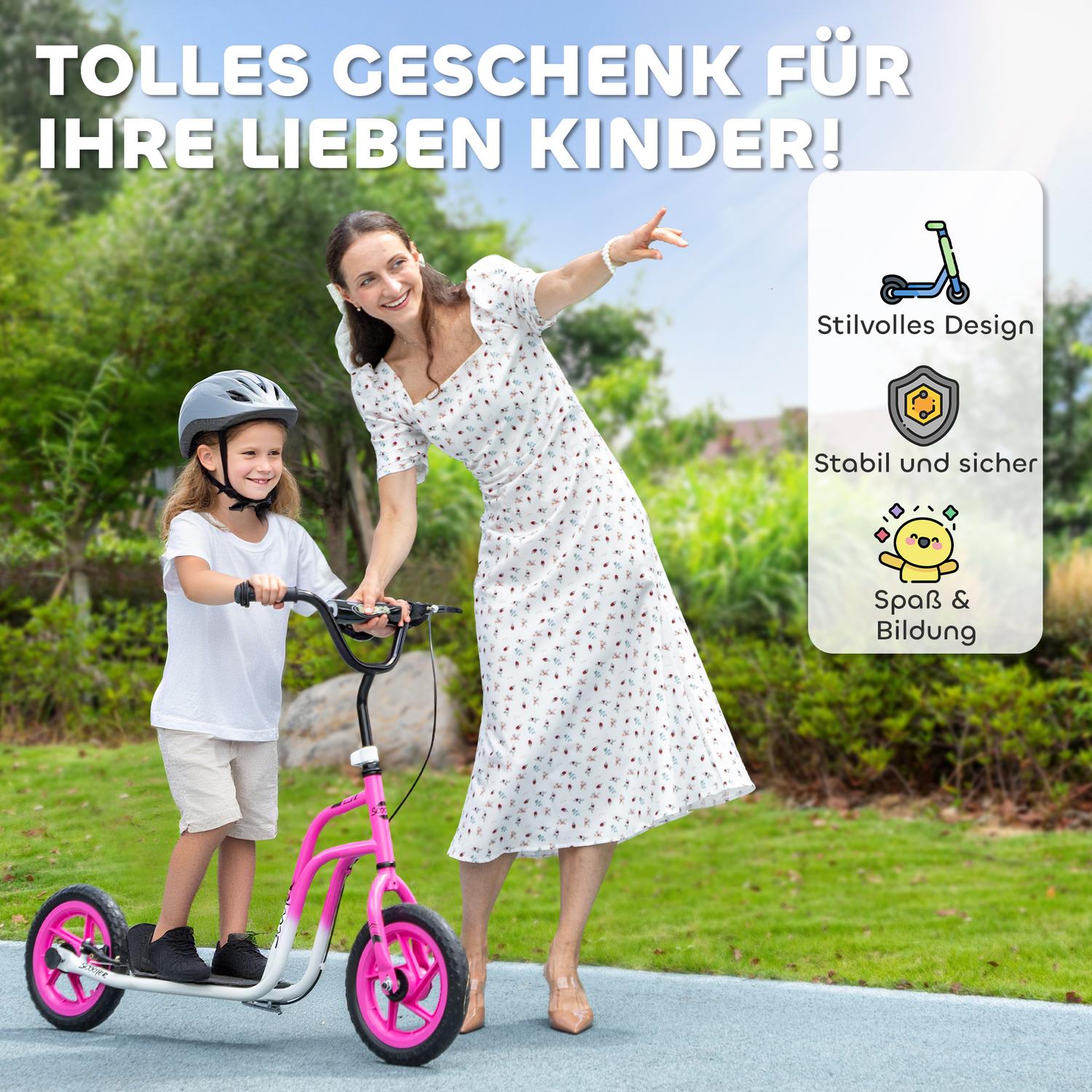 Barnsparkcykel, justerbart styre, stora hjul, rosa