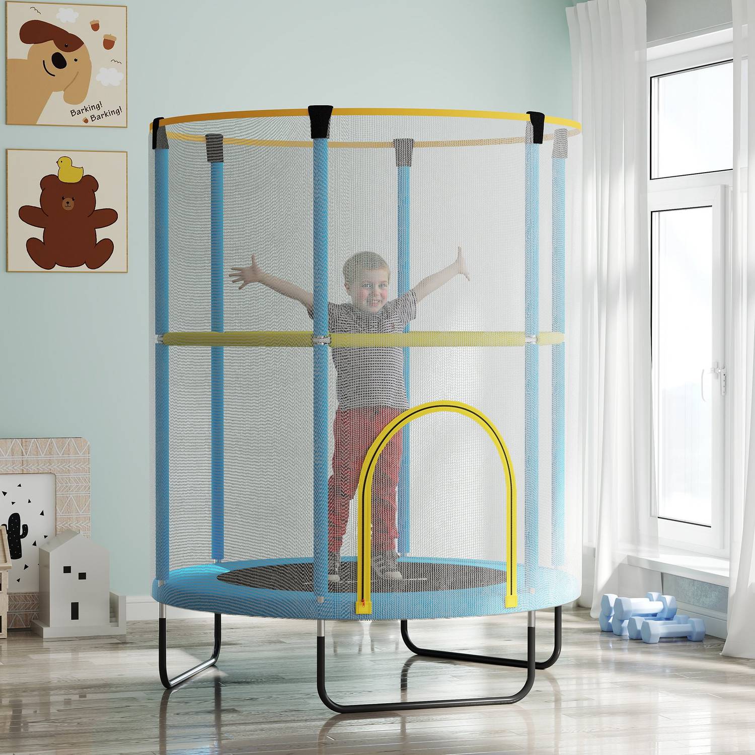 Inomhustrampolin för barn med skyddsnät, 140 cm, mörkblå