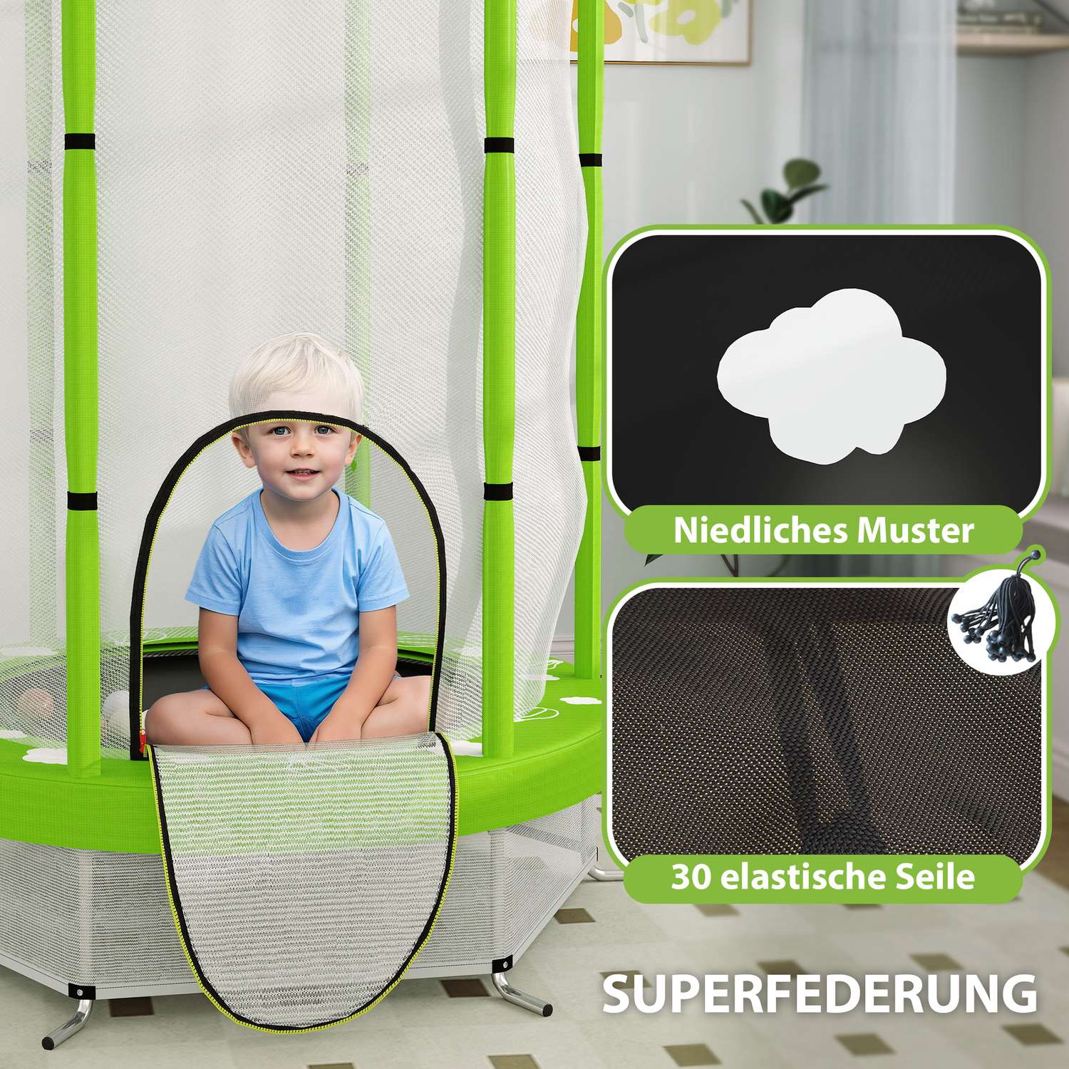 Barntrampolin 140cm med skyddsnät, grön