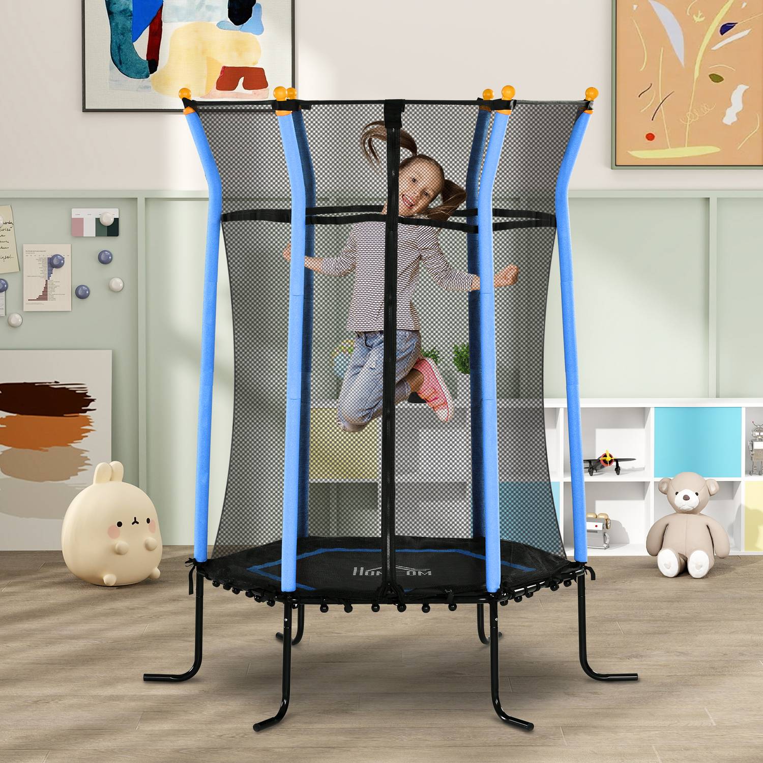 Inomhusstudsmatta för barn, Ø163,5 cm, Skyddsnät, Blå