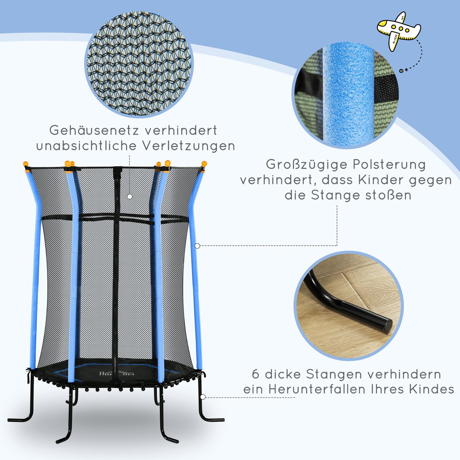 Inomhusstudsmatta för barn, Ø163,5 cm, Skyddsnät, Blå
