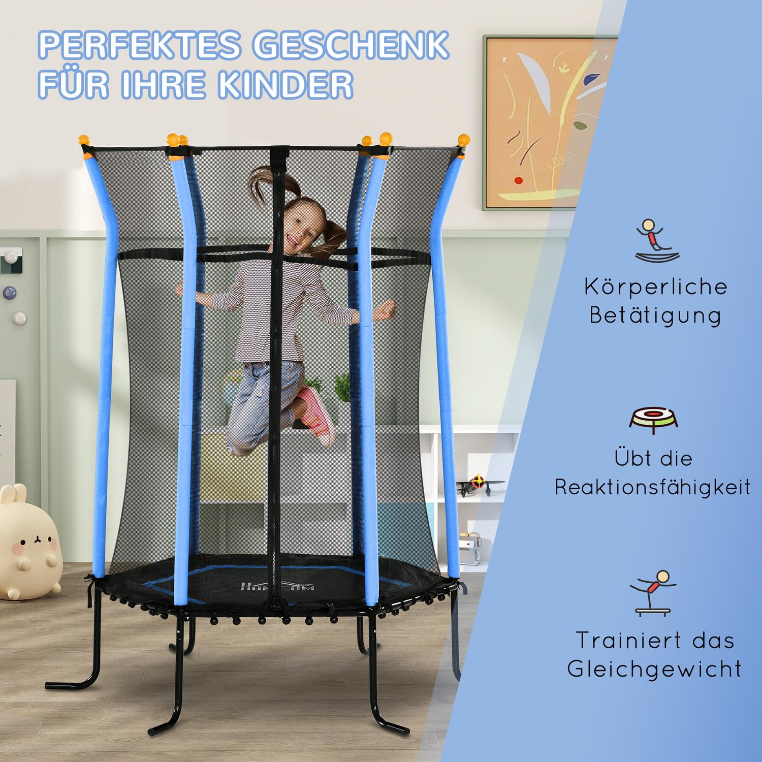Inomhusstudsmatta för barn, Ø163,5 cm, Skyddsnät, Blå