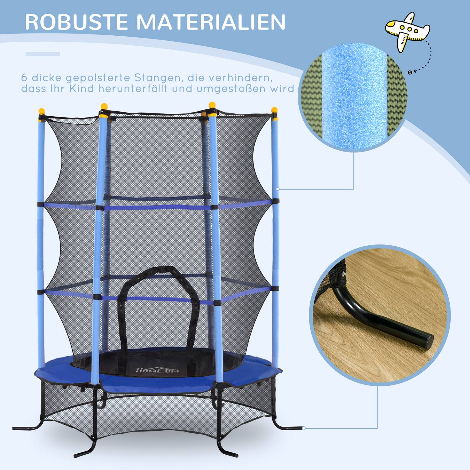 Trädgårdstrampolin för barn, Ø163 cm, Skyddsnät, Blå