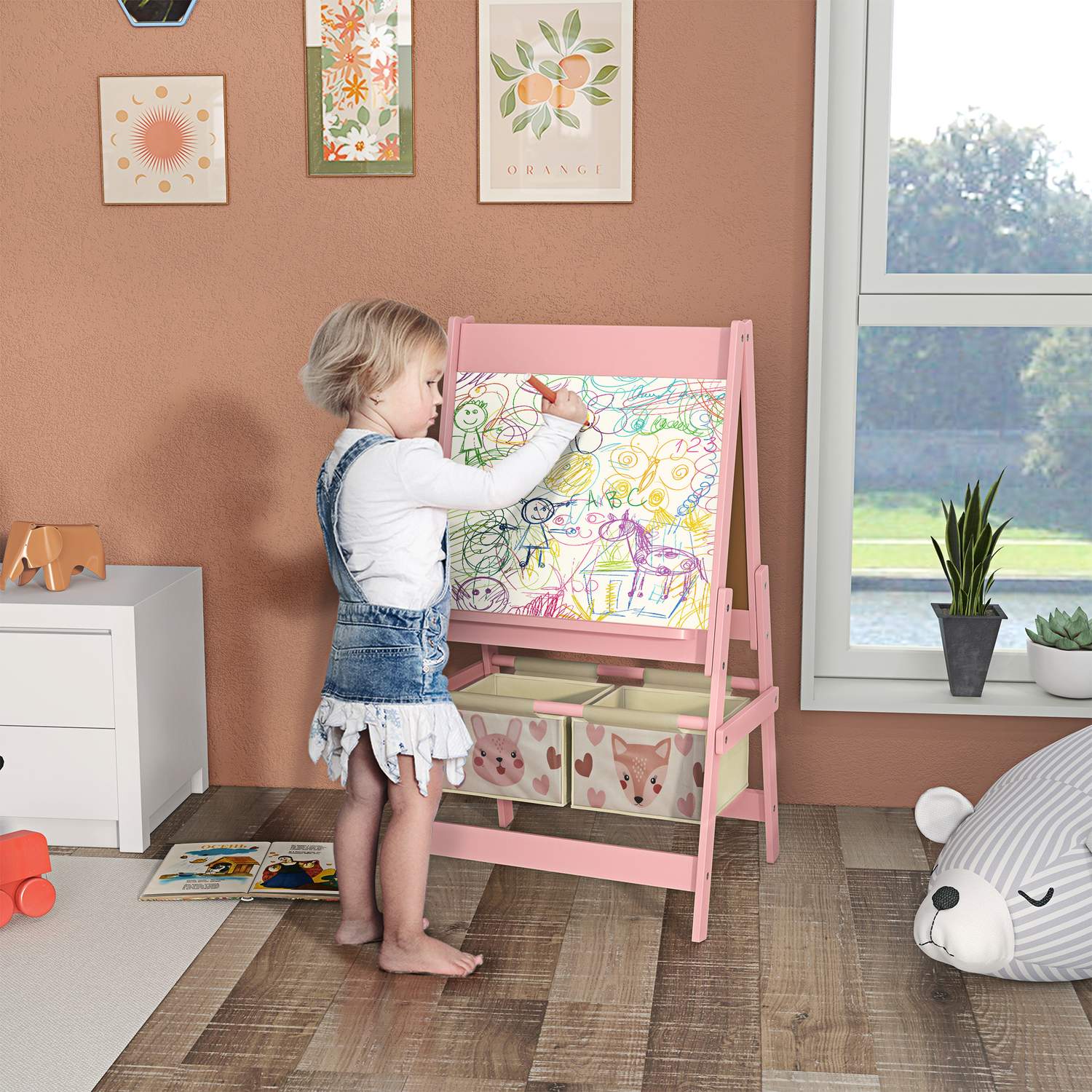 Barns 3-i-1 staffli, rosa, whiteboard och pappersrulle