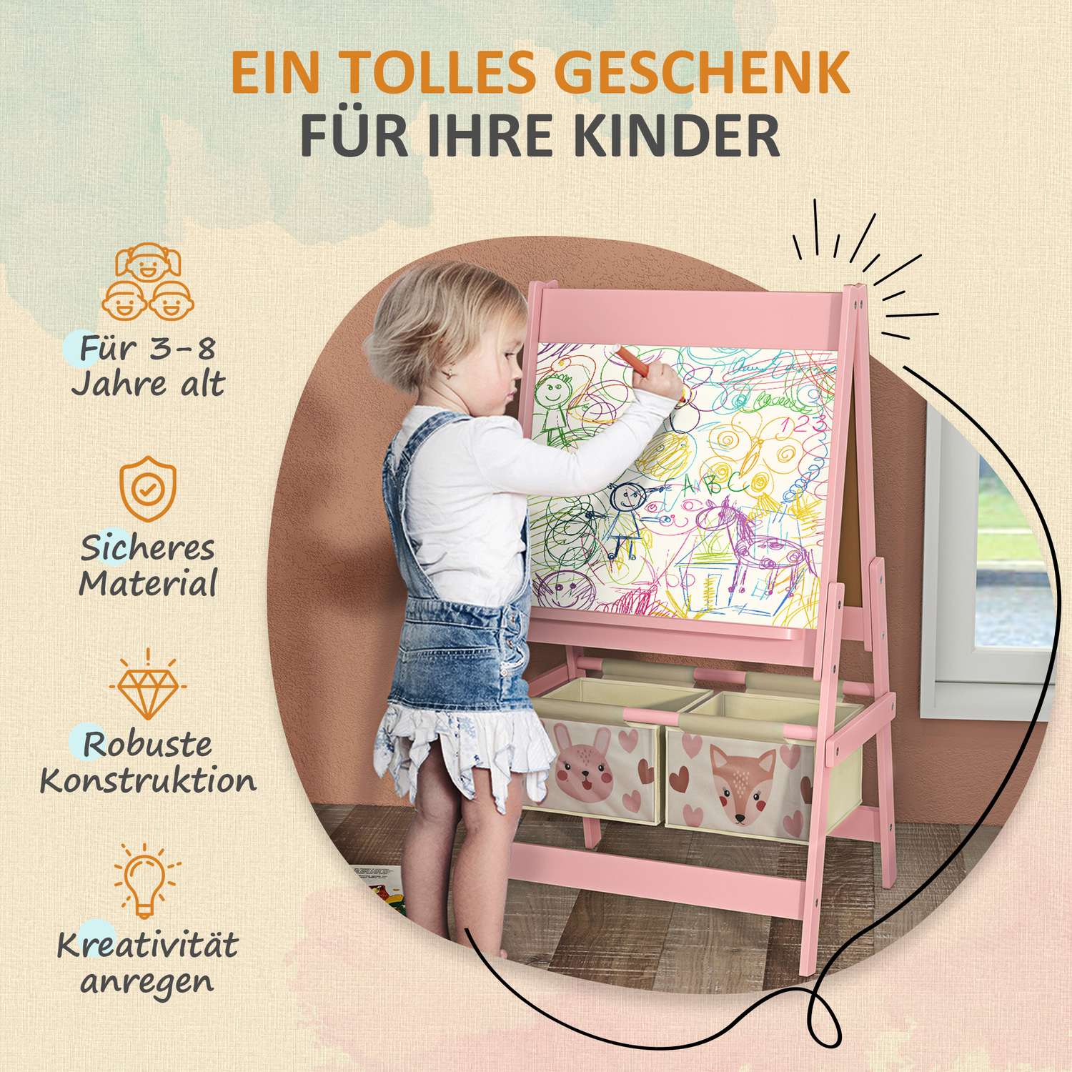 Barns 3-i-1 staffli, rosa, whiteboard och pappersrulle