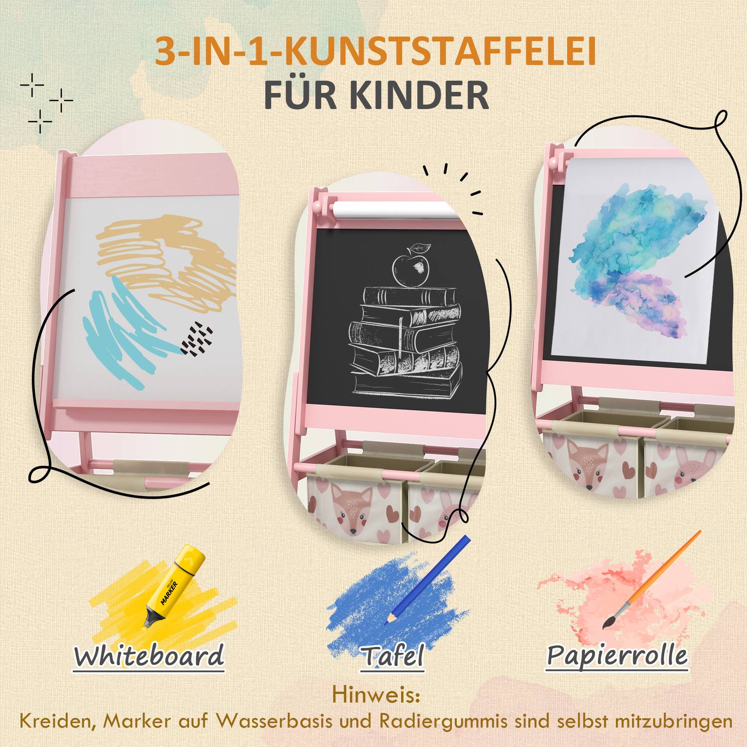Barns 3-i-1 staffli, rosa, whiteboard och pappersrulle