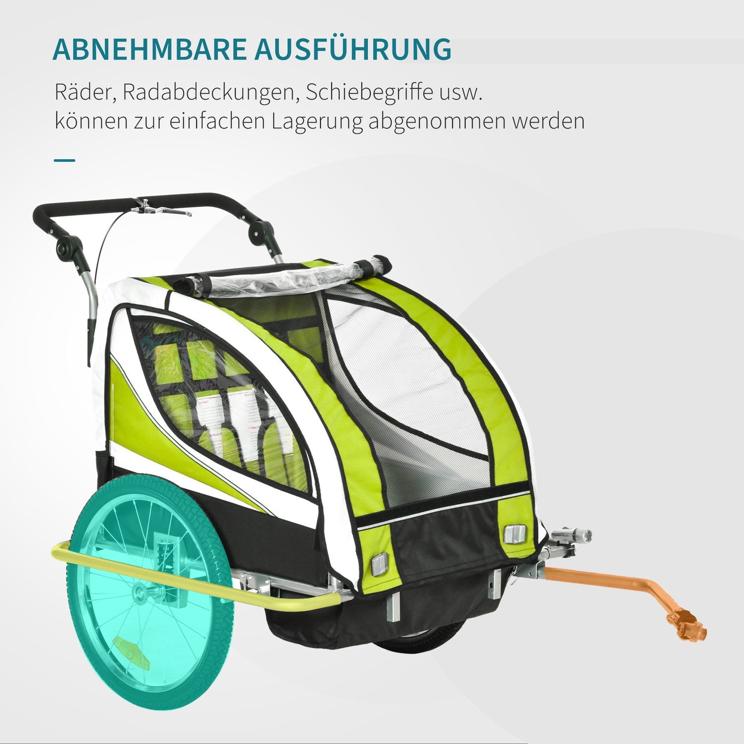 Barncykelvagn för 2 med regnskydd, grön/svart