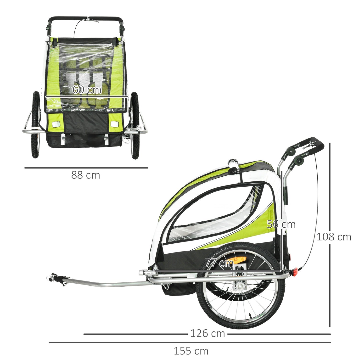 Barncykelvagn för 2 med regnskydd, grön/svart