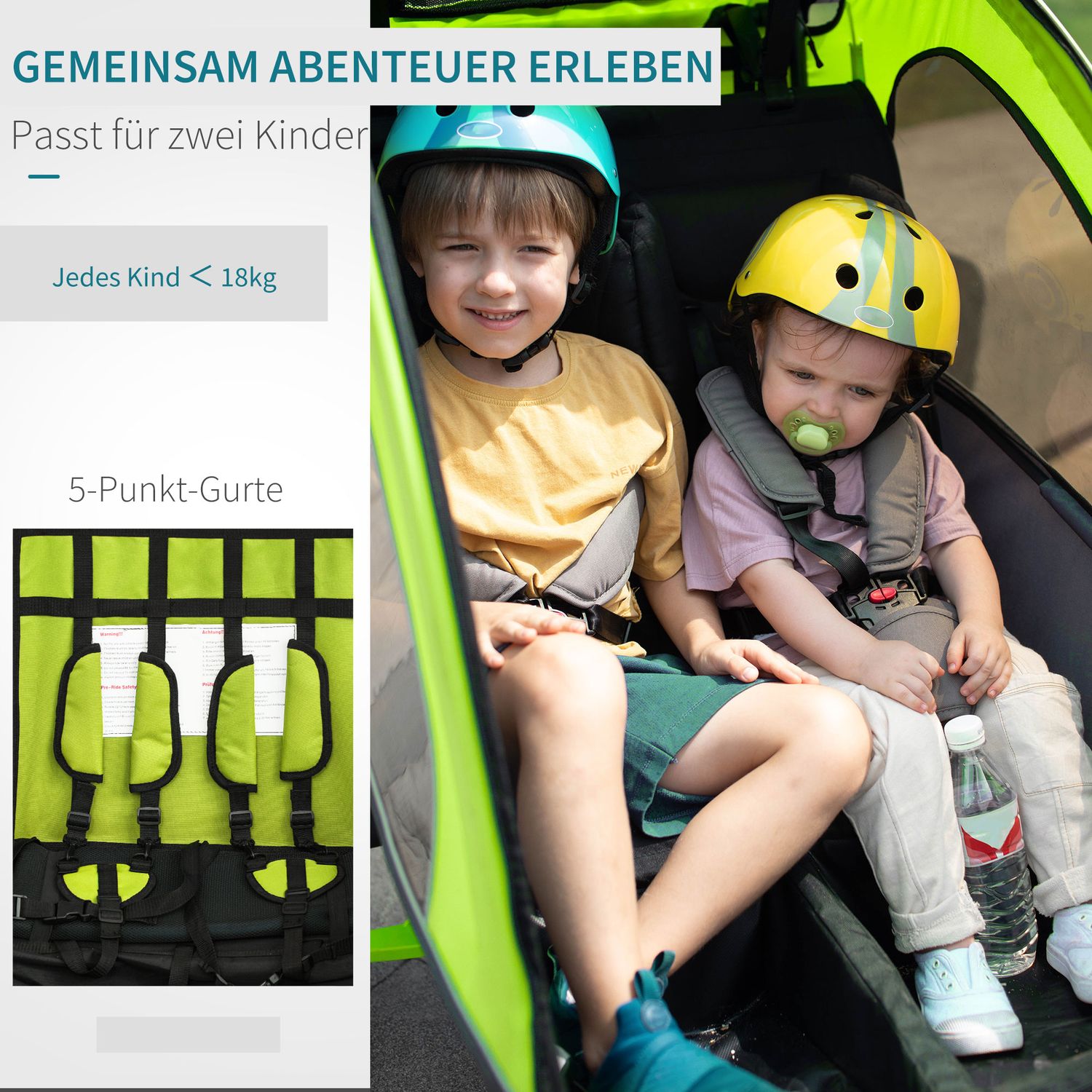 Barncykelvagn för 2 med regnskydd, grön/svart