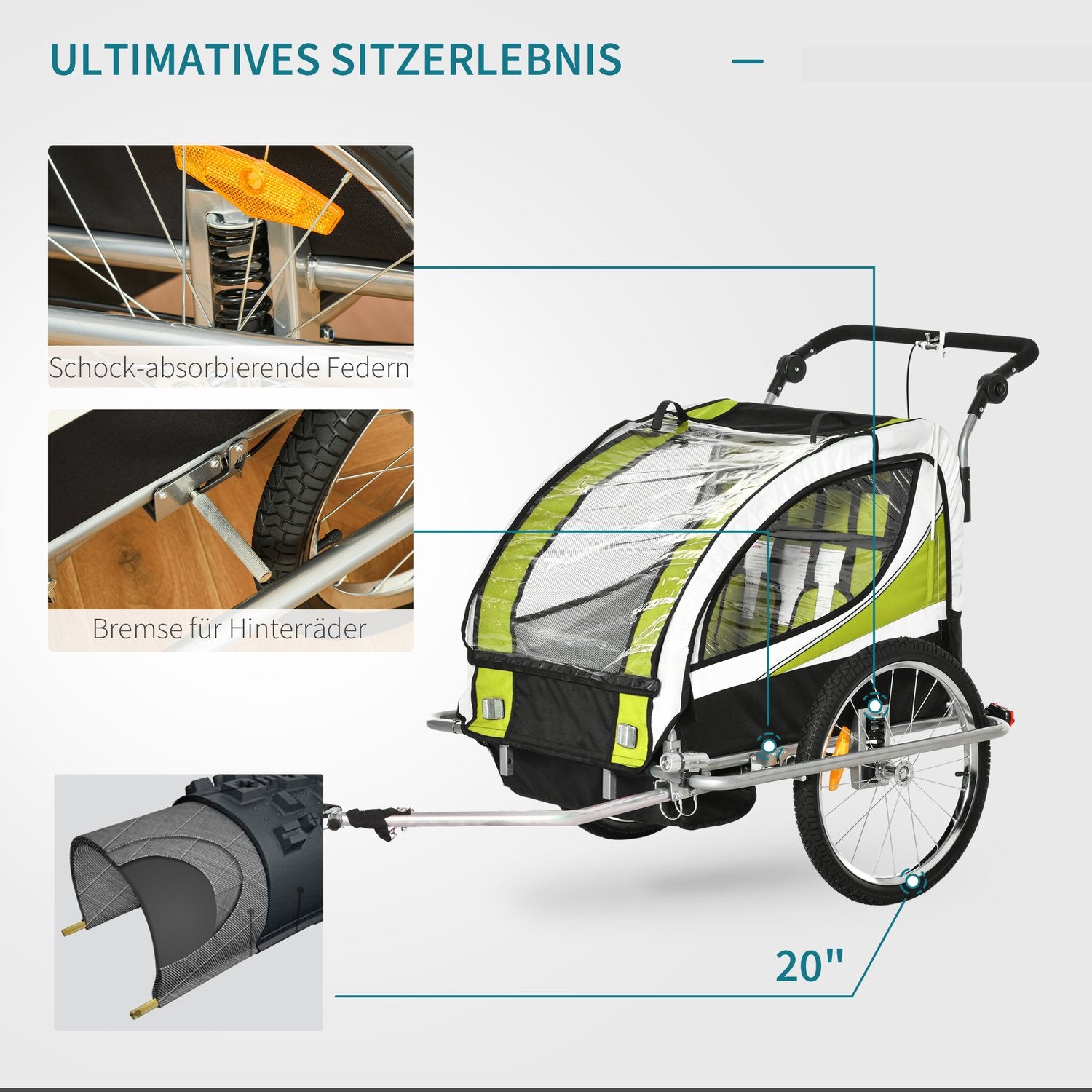 Barncykelvagn för 2 med regnskydd, grön/svart