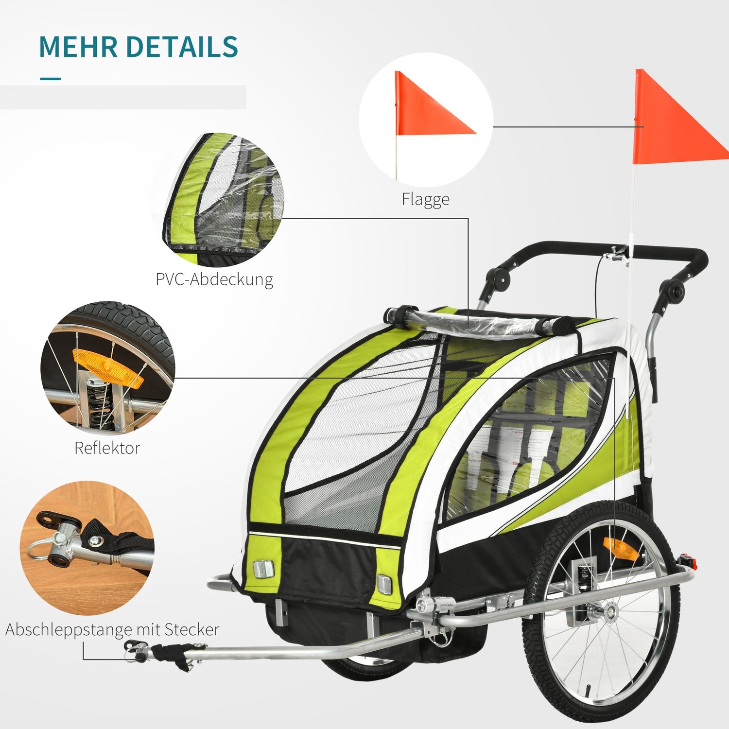 Barncykelvagn för 2 med regnskydd, grön/svart