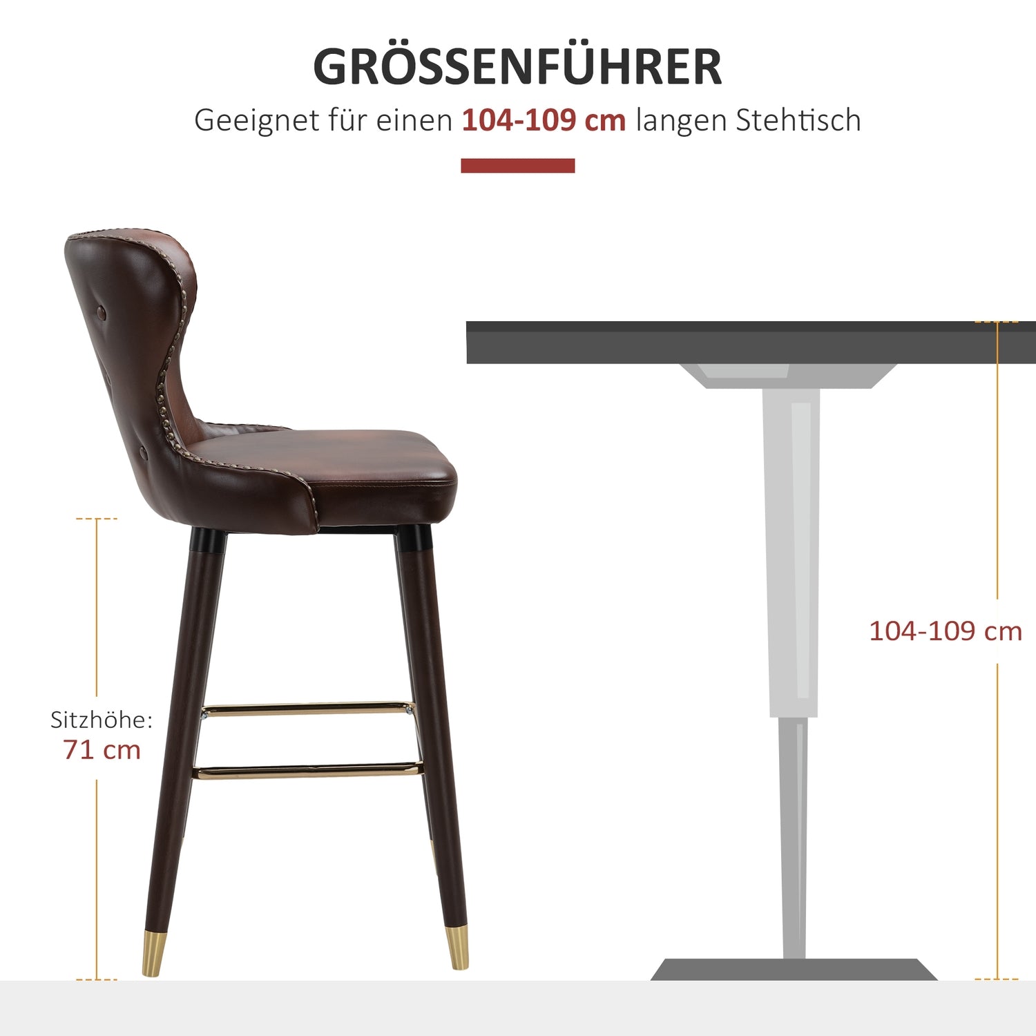 Barstolar Set om 2, PU-läder, med ryggstöd och fotstöd, brun