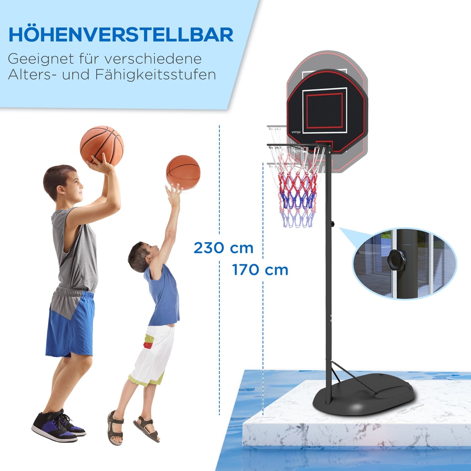 Justerbart stativ för basketbåge, 221-282 cm, spricksäker ryggbräda