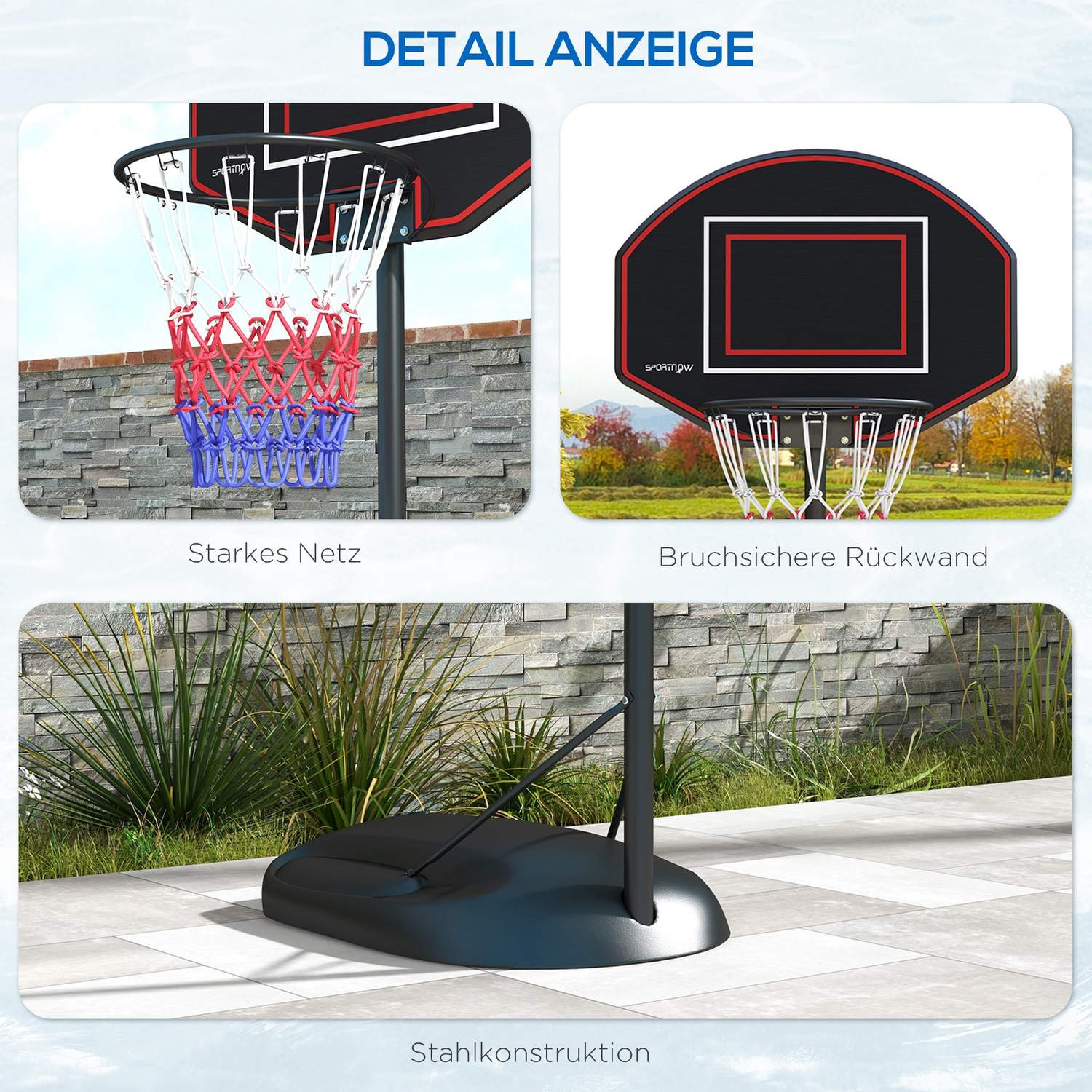 Justerbart stativ för basketbåge, 221-282 cm, spricksäker ryggbräda