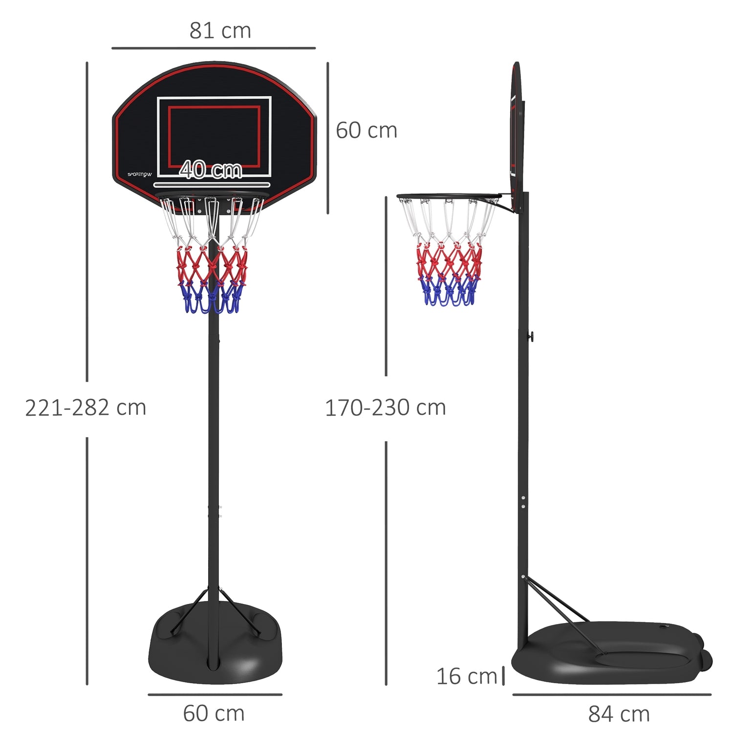 Justerbart stativ för basketbåge, 221-282 cm, spricksäker ryggbräda