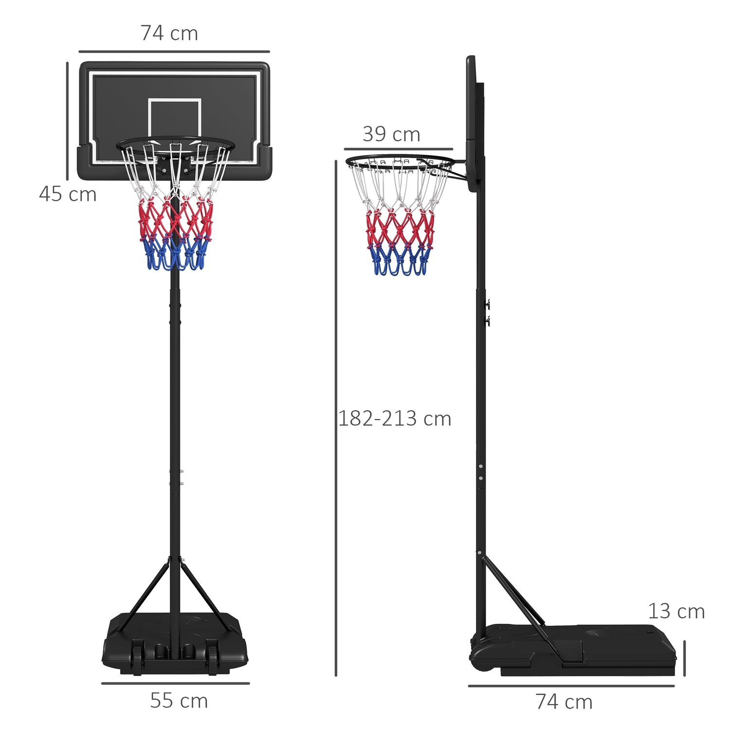 Justerbar basketbåge med stativ och hjul, 220-250 cm