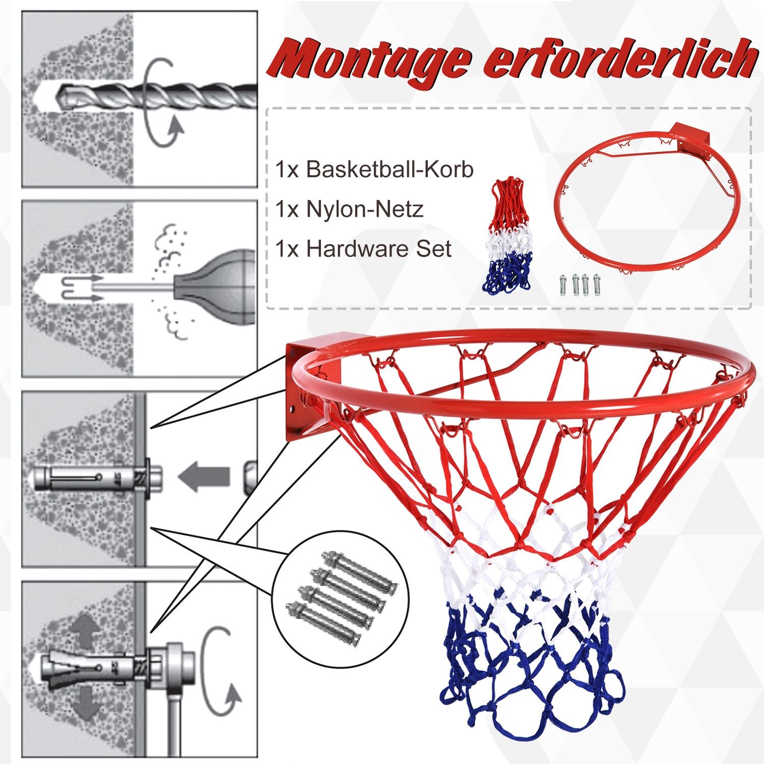 Basketbåge med nät, stålram, 46 cm diameter