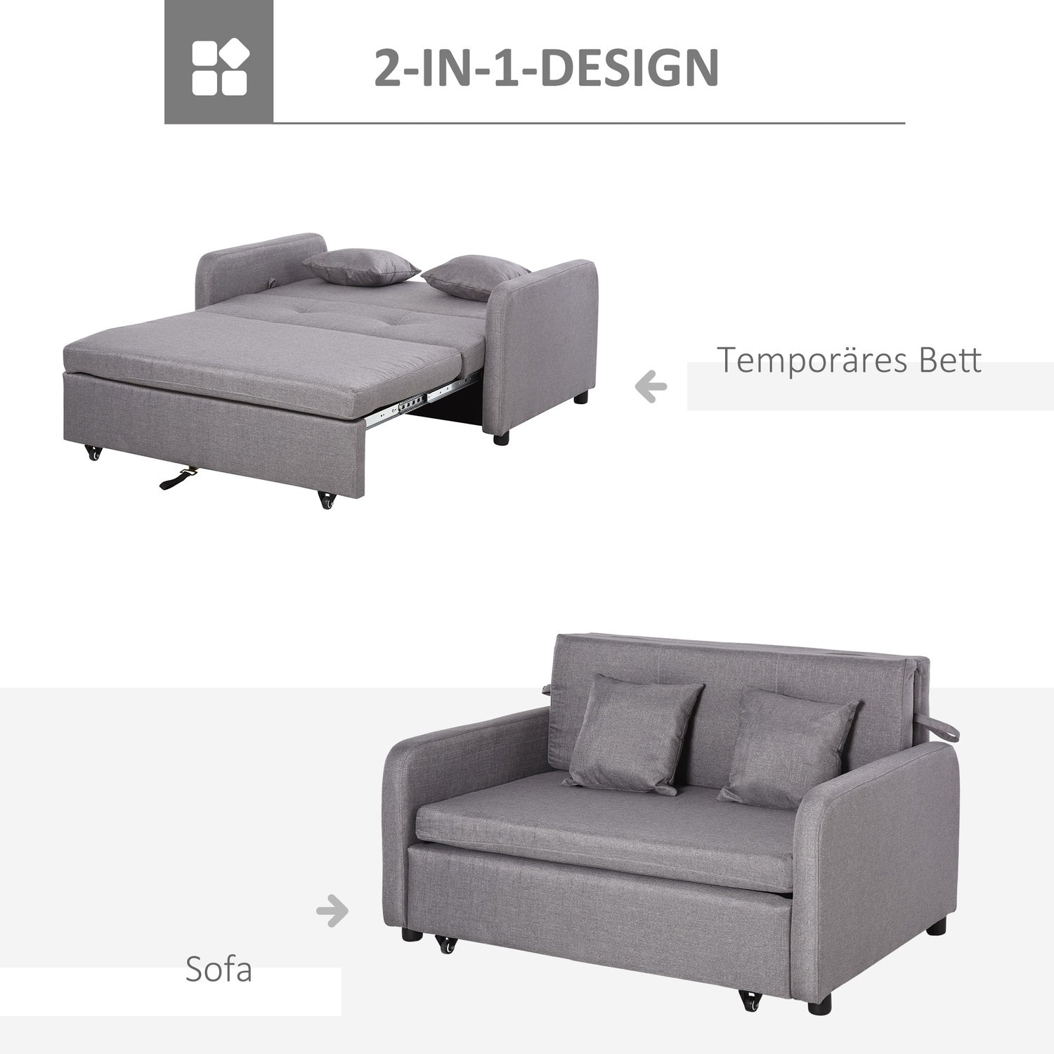 Bäddsoffa med grå linnelook, förvaring och hjul, 2-sits