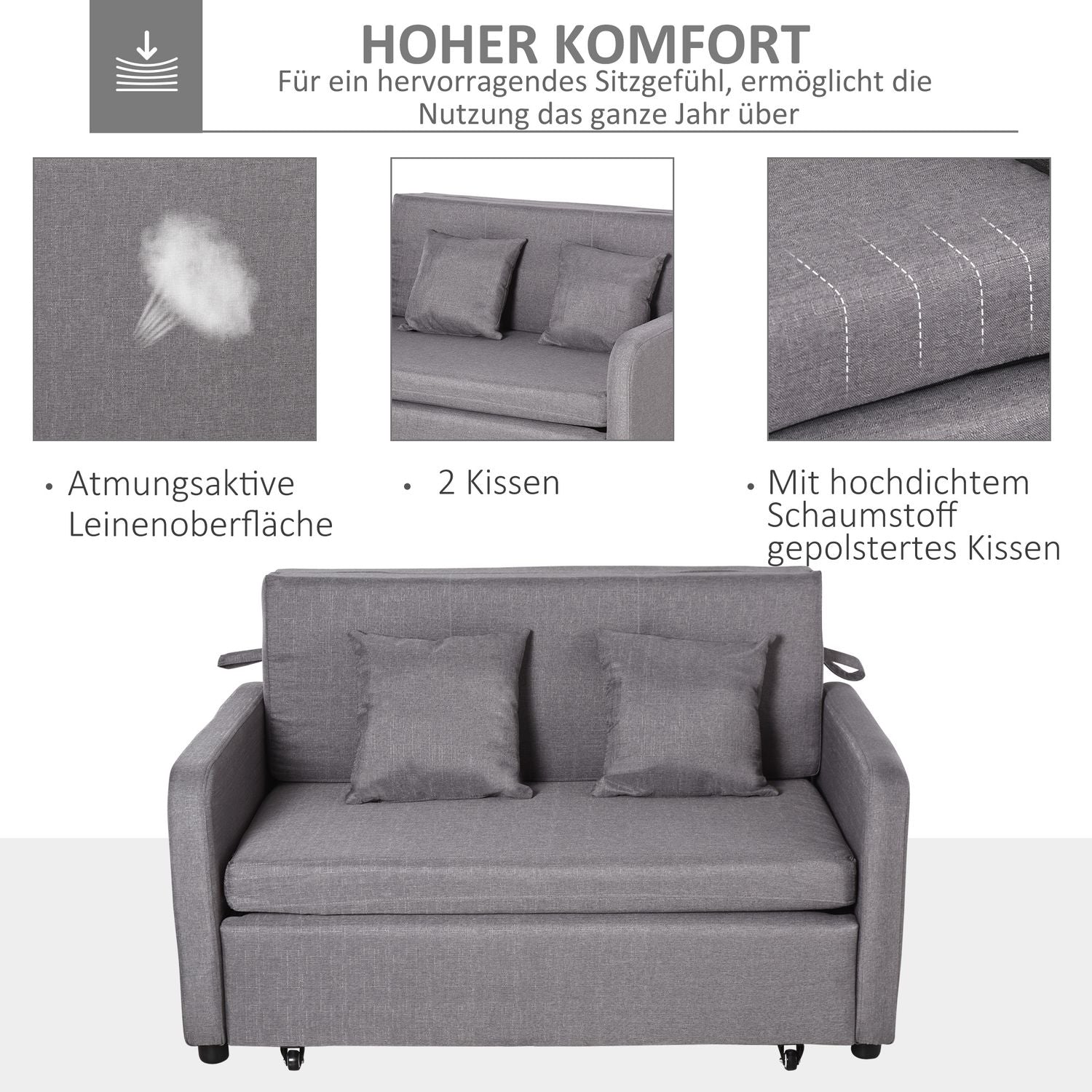Bäddsoffa med grå linnelook, förvaring och hjul, 2-sits