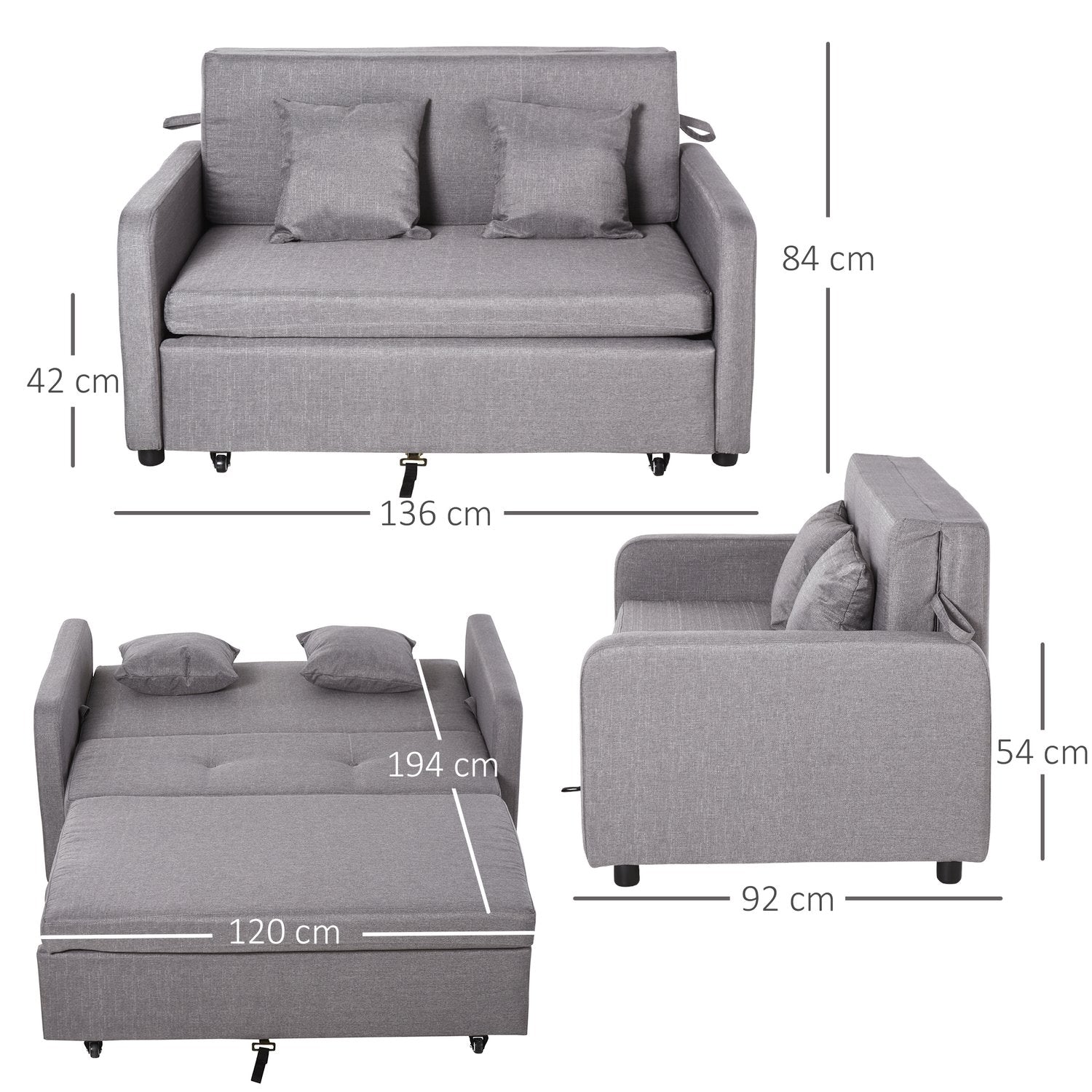 Bäddsoffa med grå linnelook, förvaring och hjul, 2-sits