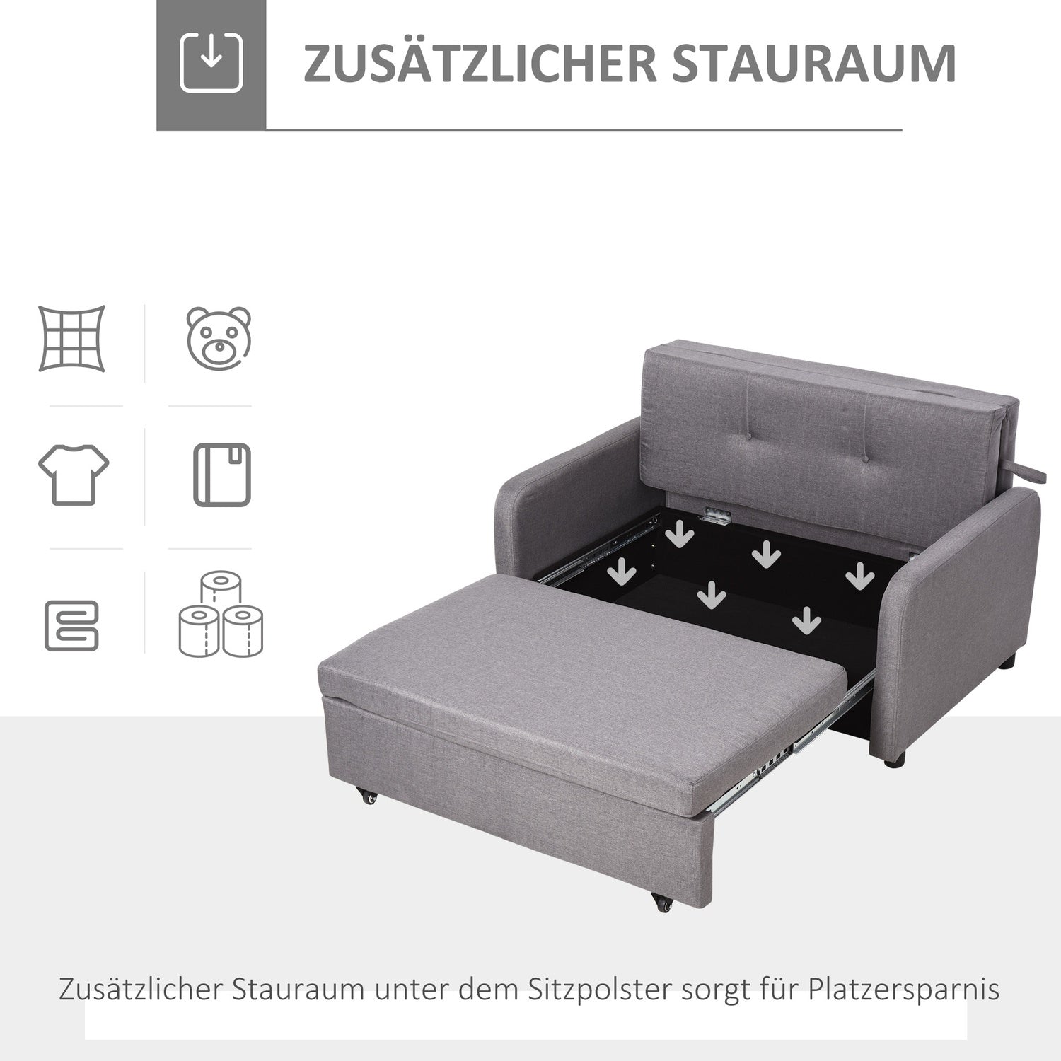 Bäddsoffa med grå linnelook, förvaring och hjul, 2-sits