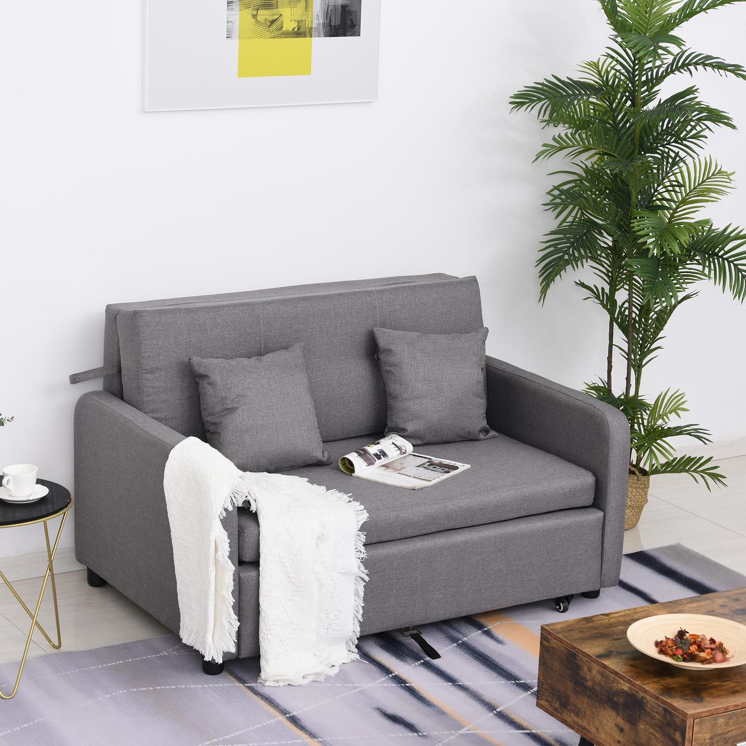 Bäddsoffa med grå linnelook, förvaring och hjul, 2-sits
